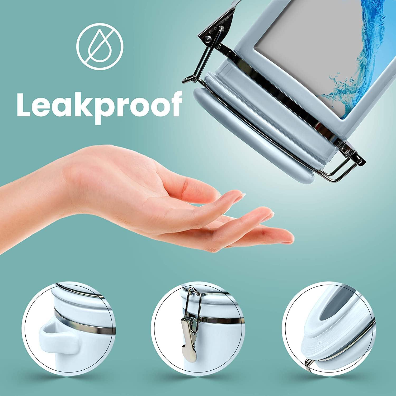 Home Intuition 4-Piece Ceramic Kitchen Canisters Set, Airtight Containers with Wooden Spoons Reusable Chalk Labels and Marker for Sugar, Coffee, Flour, Tea (Light Blue)