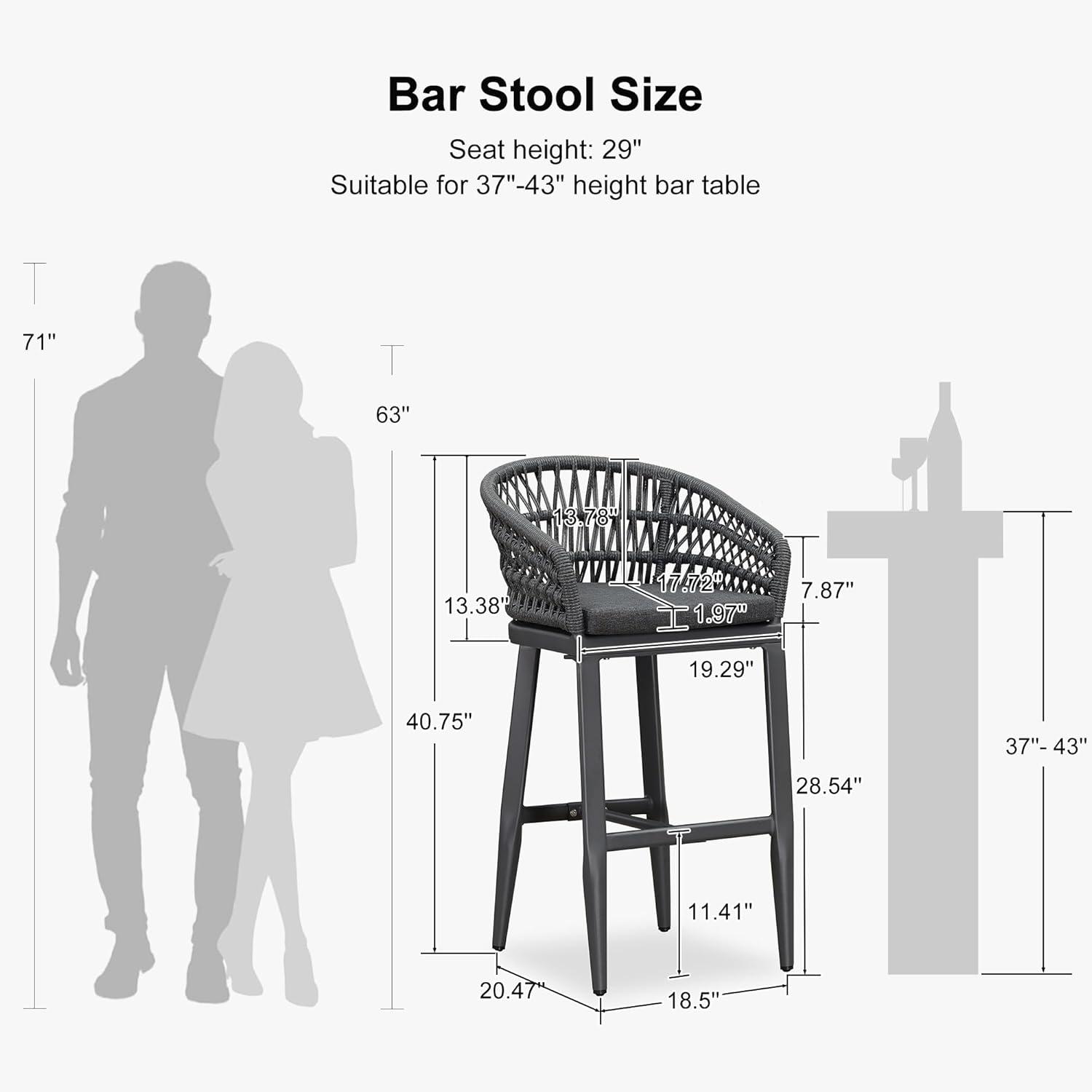 PURPLE LEAF Outdoor Rattan 29" Bar Stools Set of 2, Modern Boho Aluminum Patio Bar Height Chair with Cushion and Back for Outdoor and Indoor, Grey