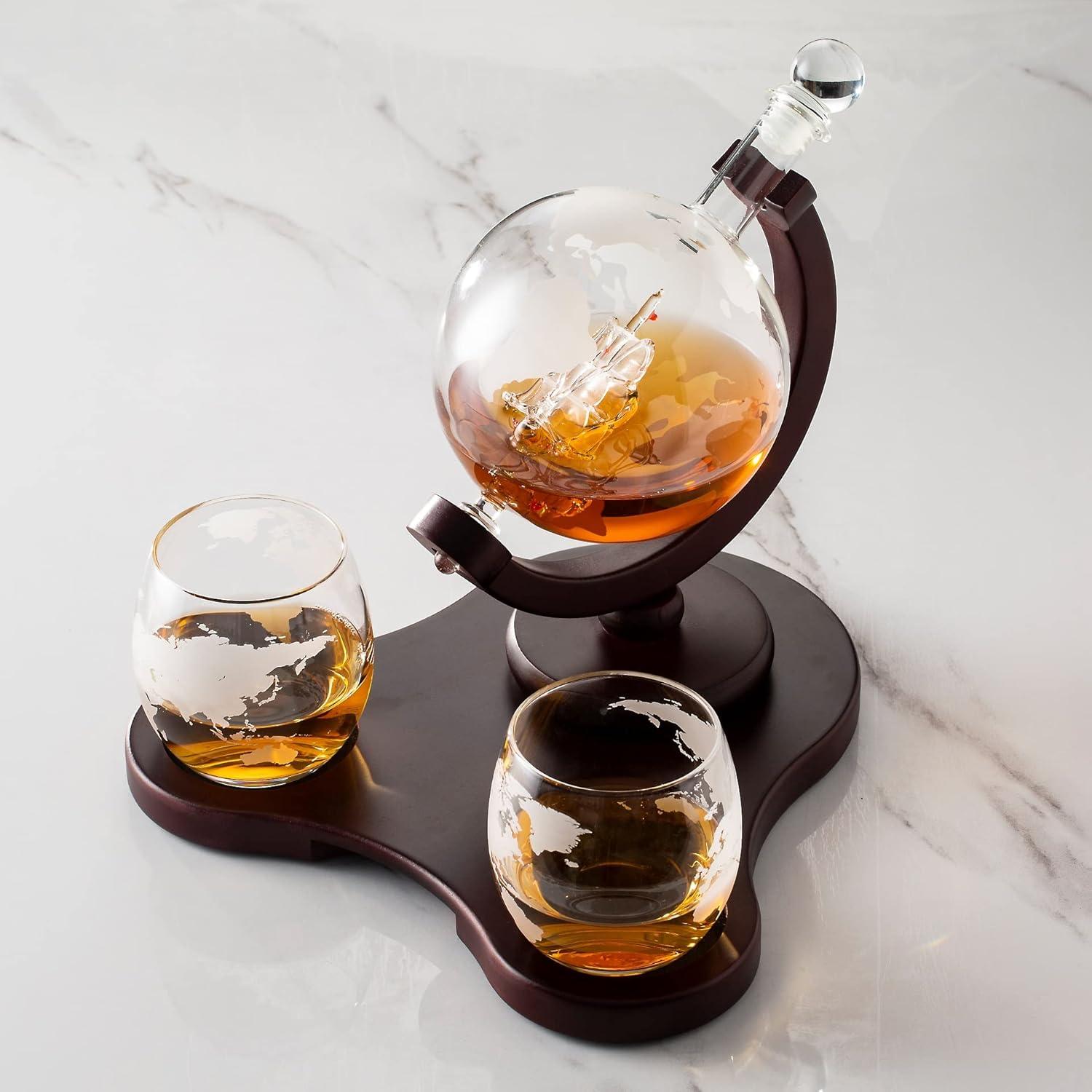 Verolux Whiskey Globe Decanter Set with 2 Etched Globe Glasses in Gift Box - Home Bar Accessories for Men and Women - Perfect Gift for Valentine's day, Wedding, Birthday, Father's day, Christmas