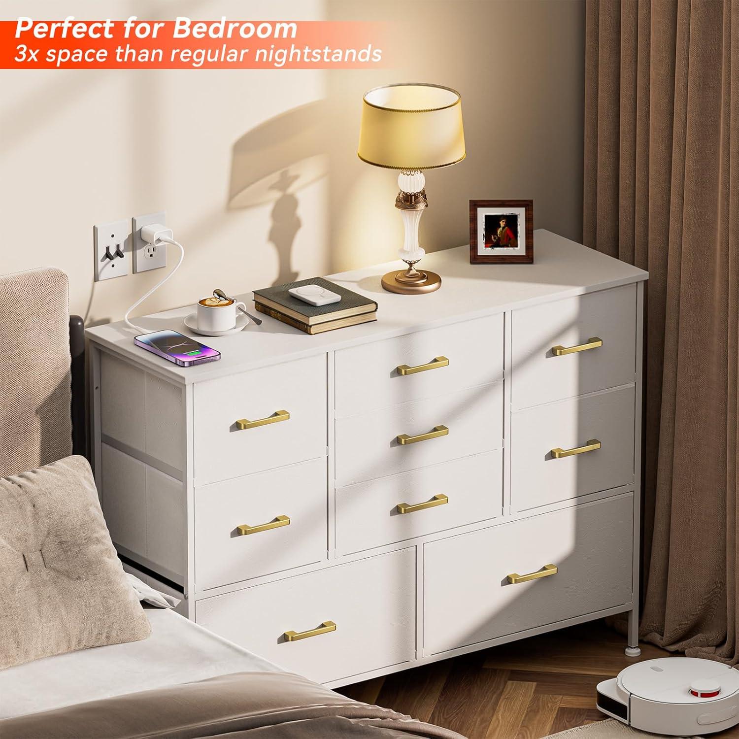 White Fabric Chest of Drawers with Leather Finish, Wide Dresser for Bedroom & Living Room TV Stand, Entertainment Center, Featuring 9 Drawers for 50” TV