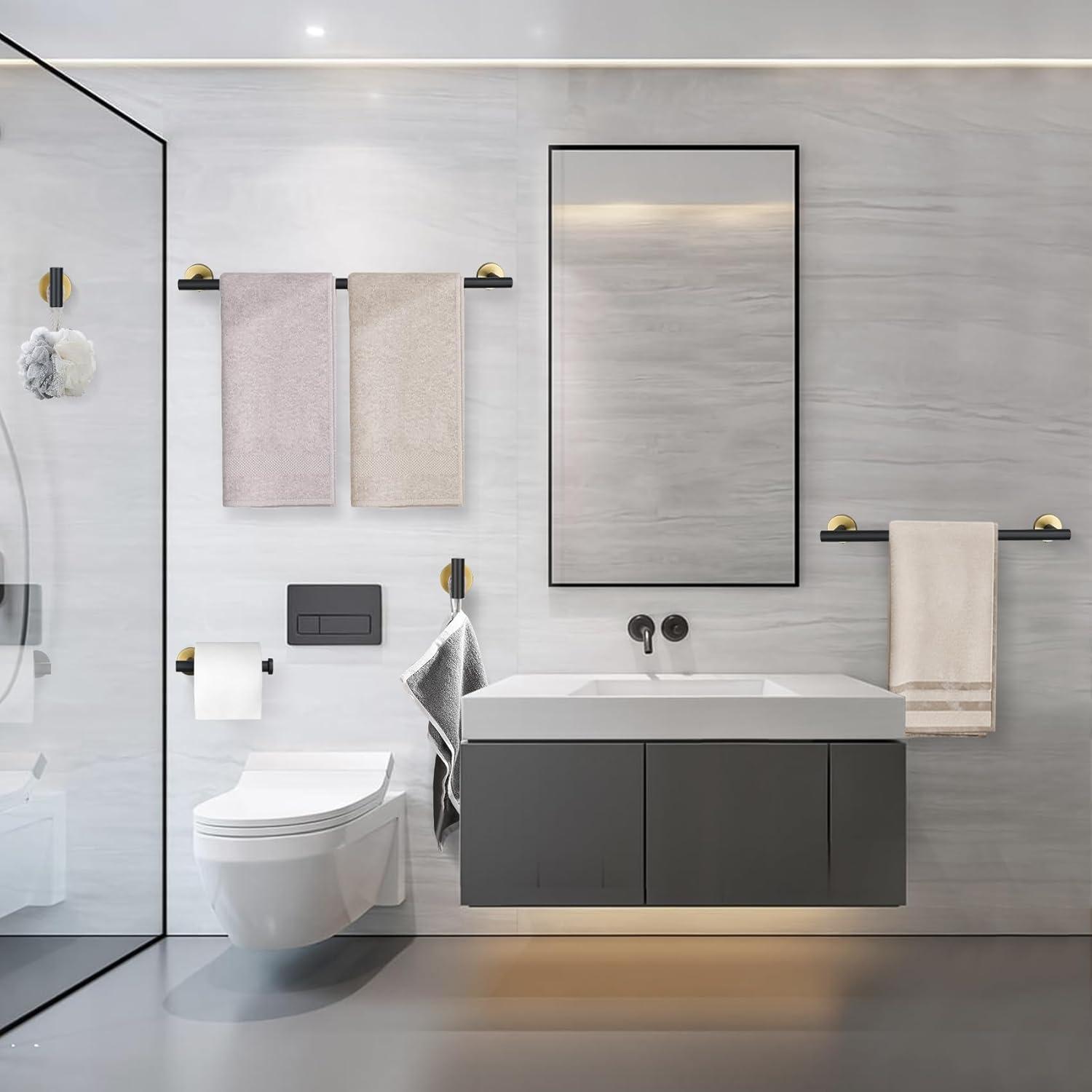 5 Pieces Black Gold Bathroom Hardware Set, 23.6 Inches Bathroom Towel Rack Set Bath Towel Bar Set, SUS304 Stainless Steel Bathroom Accessories Kit Wall Mounted