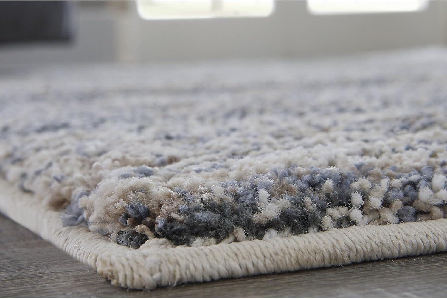 Medium Blue and Beige Stain-Resistant Synthetic Rug