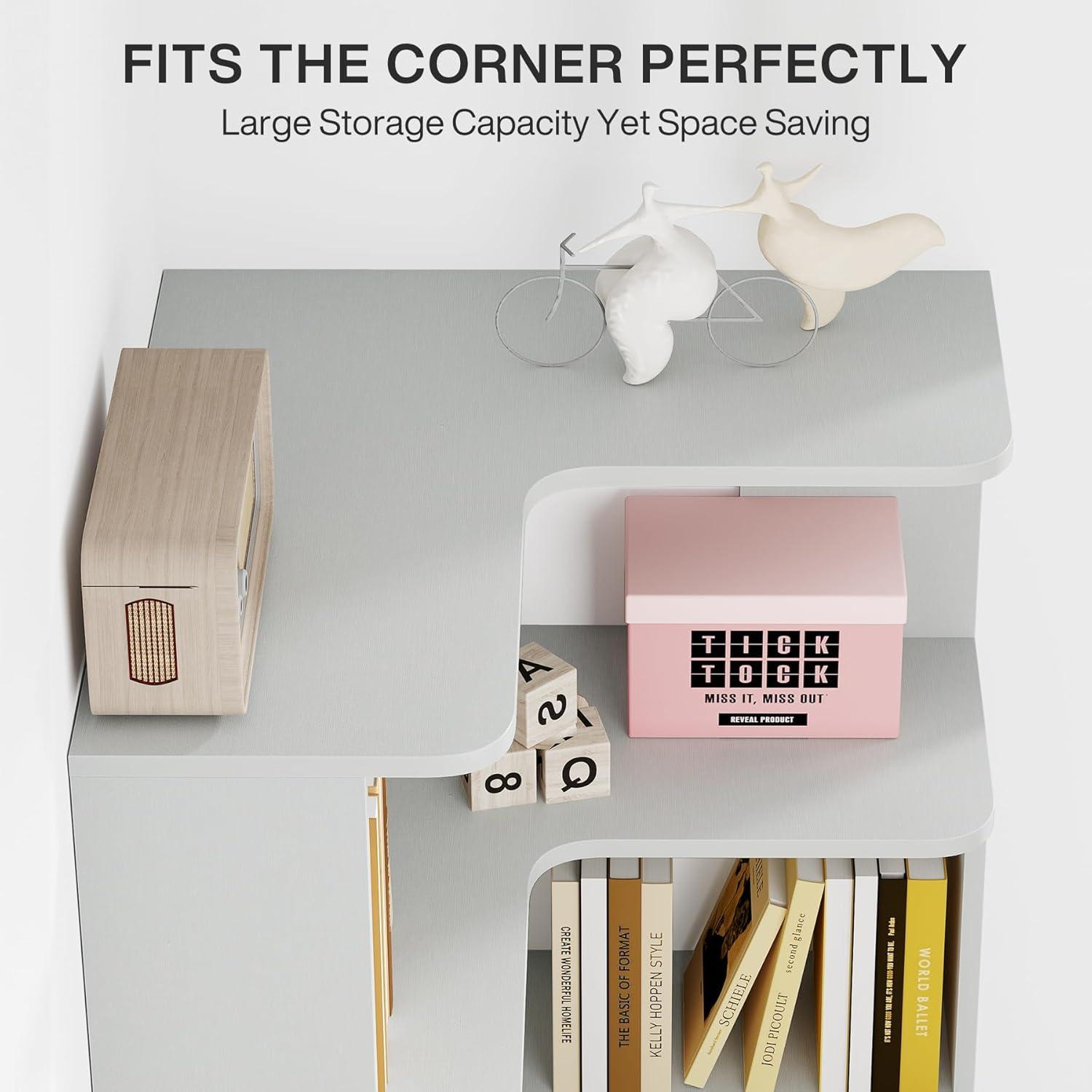 Hommoo 6-Tier Corner Bookshelf, 64.96" Corner Bookcase with Anti-Drop Panel Silver Gray