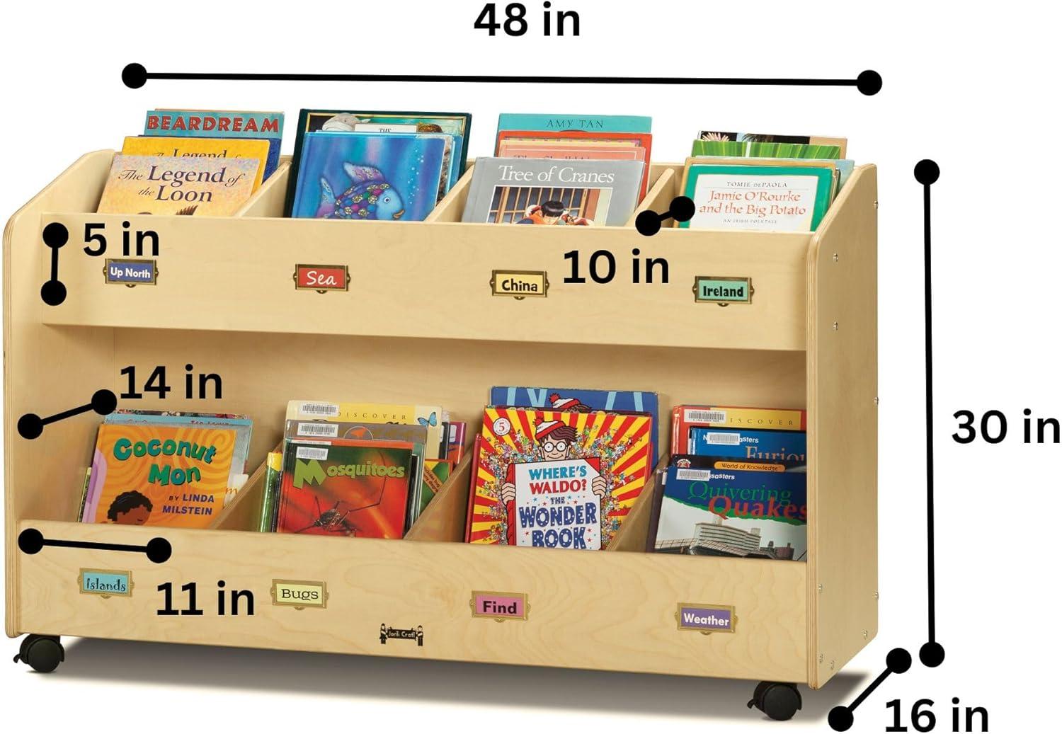 Natural Wood Mobile 8-Section Book Organizer with Casters