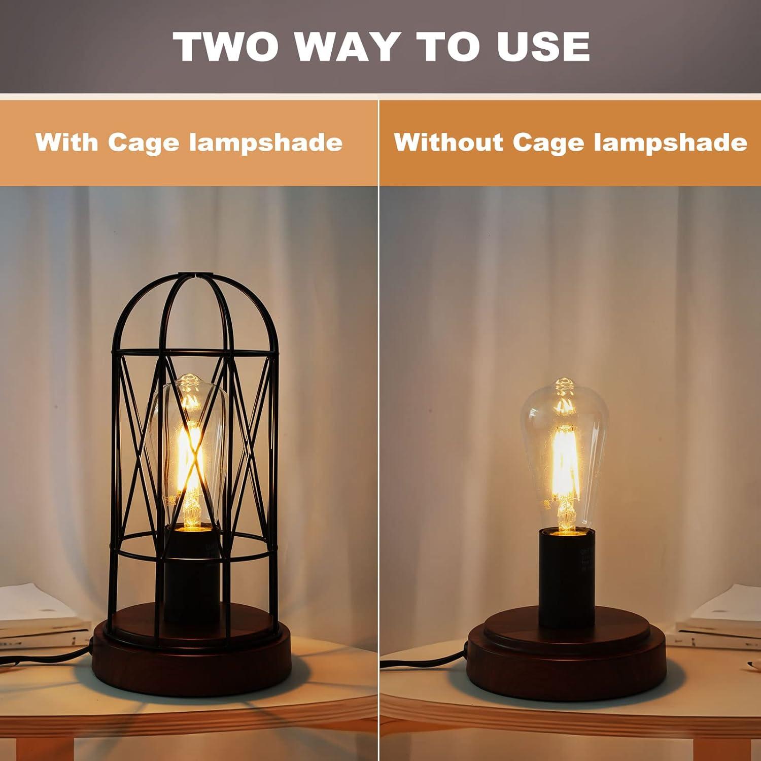 GyroVu Industrial Table Lamp, Small Touch Control Edison Desk Lamp 3 Way Dimmable Vintage Bedside Lamp with AC Outlet Metal Cage Steampunk Nightstand Lamp for Living Room, Bedroom or Den