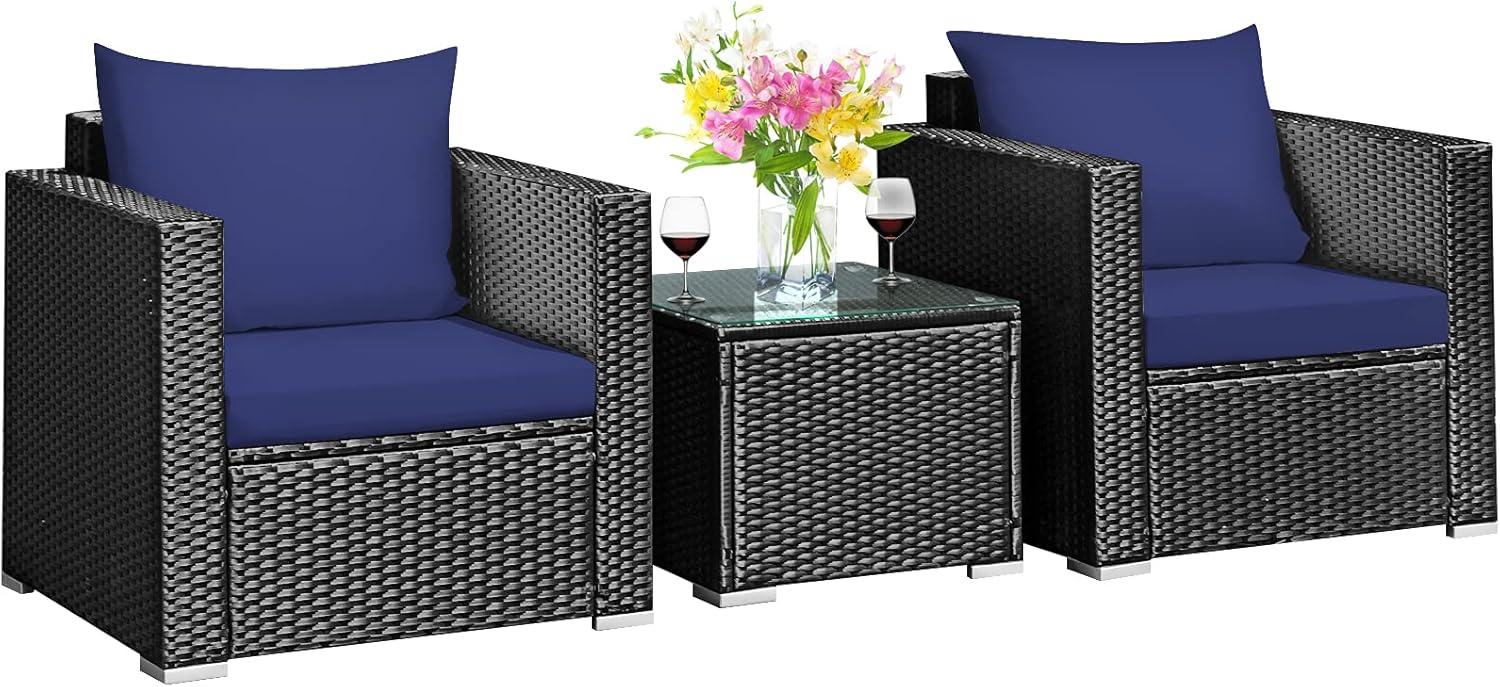 Kadyn Patio Furniture Sets, Outdoor Bistro Conversation Set, 3 Pieces Patio Wicker Conversation Set with Cushion-Navy