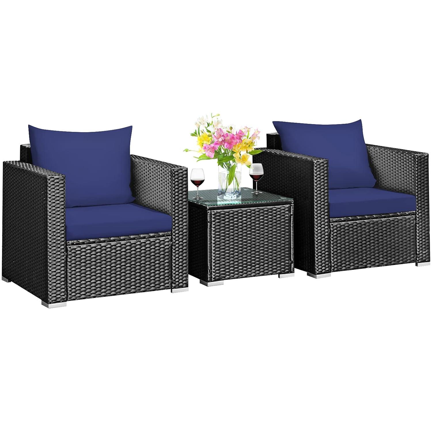 DORTALA 3 Pieces Patio Furniture Set, Outdoor Rattan Sofa Set with Cushions, Tempered Glass Tabletop, Wicker Conversation Furniture Set for Backyard, Garden, Poolside, Balcony, Navy