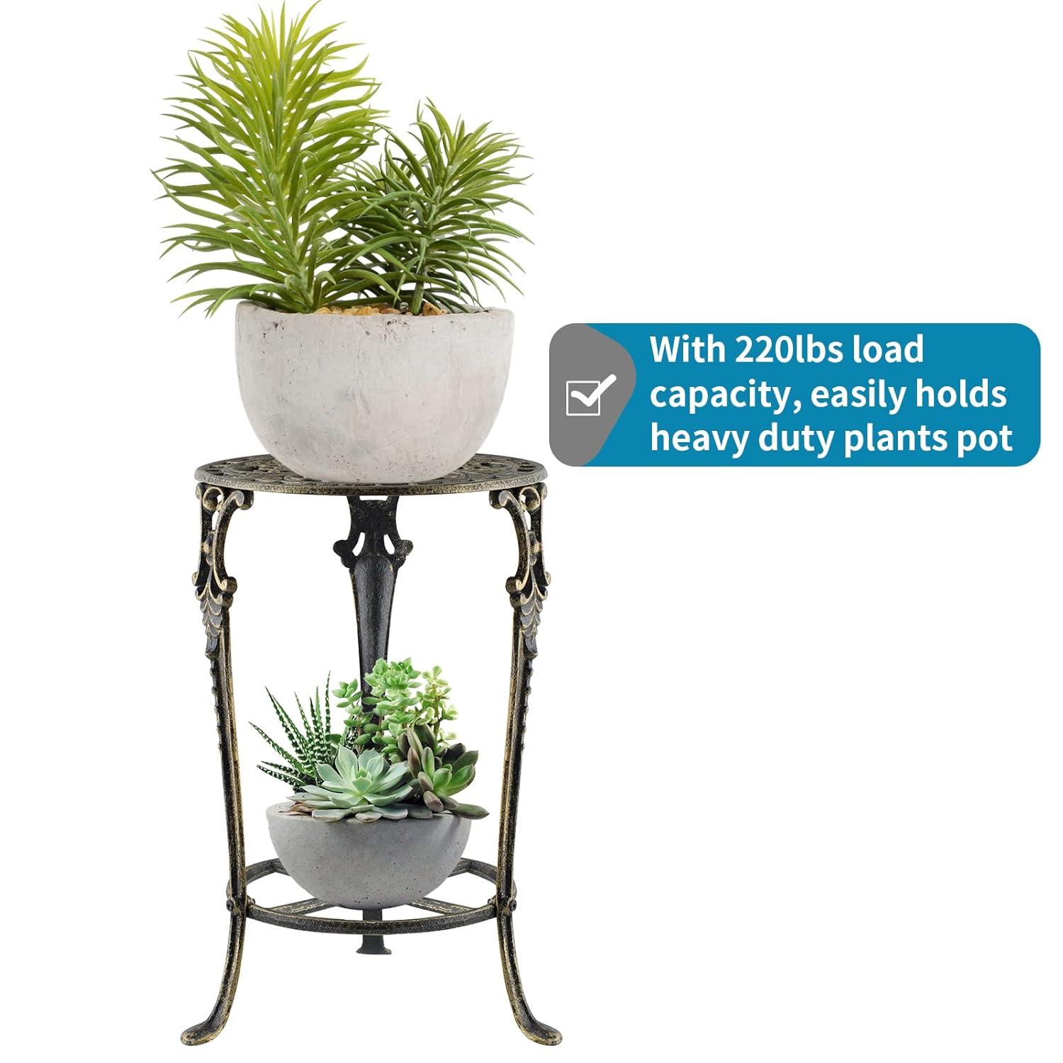 MDLUU Cast Iron Potted Plant Stand 18.8 Inch Tall, 2-Tier Planter Rack, Heavy Duty Flower Pot Holder for Living Room, Bedroom, Kitchen (Bronze)