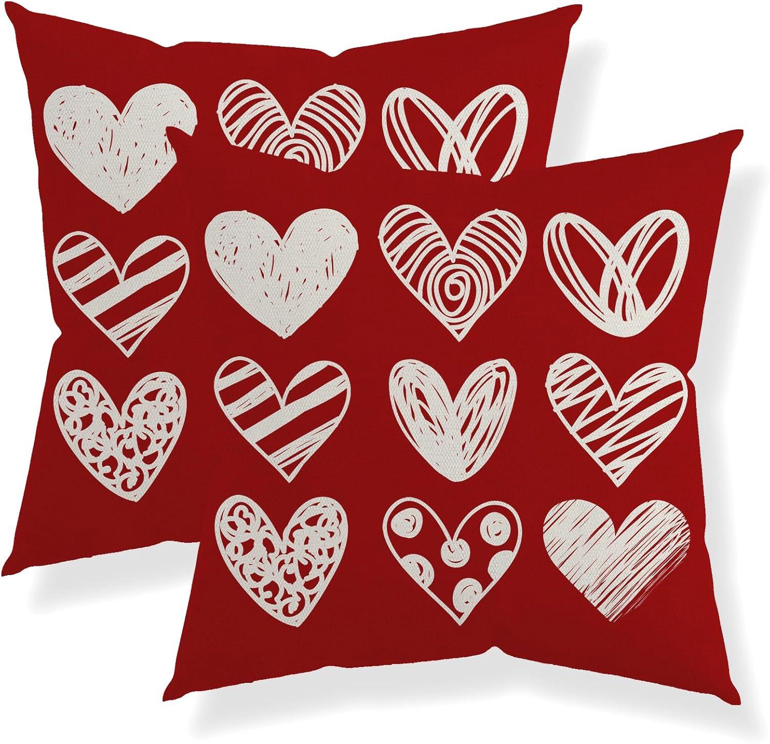 Red and White Polyester Valentine's Day Heart Pillow Covers 18x18 Inch Set