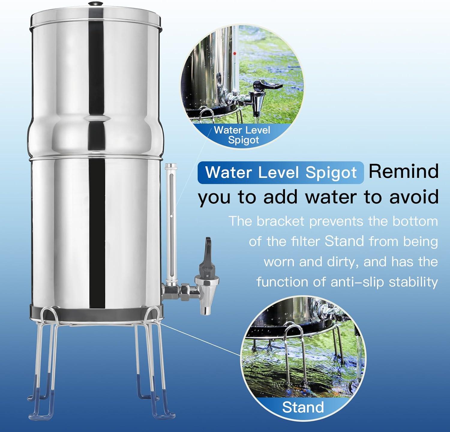 Gravity-fed Water Filter System, 2.25 Gallon Stainless Steel Countertop System with 2 Ceramics Filters Washable Filters, Metal Water Level Spigot and Stand,Reduce up to 99% Chlorine