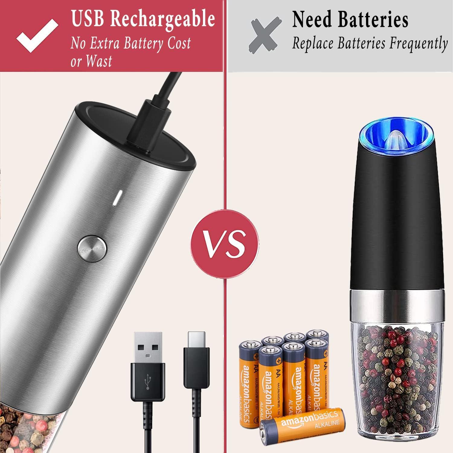 MODERN WALLS LLC Electric Salt And Pepper Grinder Set - USB Rechargeable - Durable Modern Style - Automatic Black Peppercorn & Sea Salt Spice Mill Set With Adjustable Coarseness & LED Light Refillable