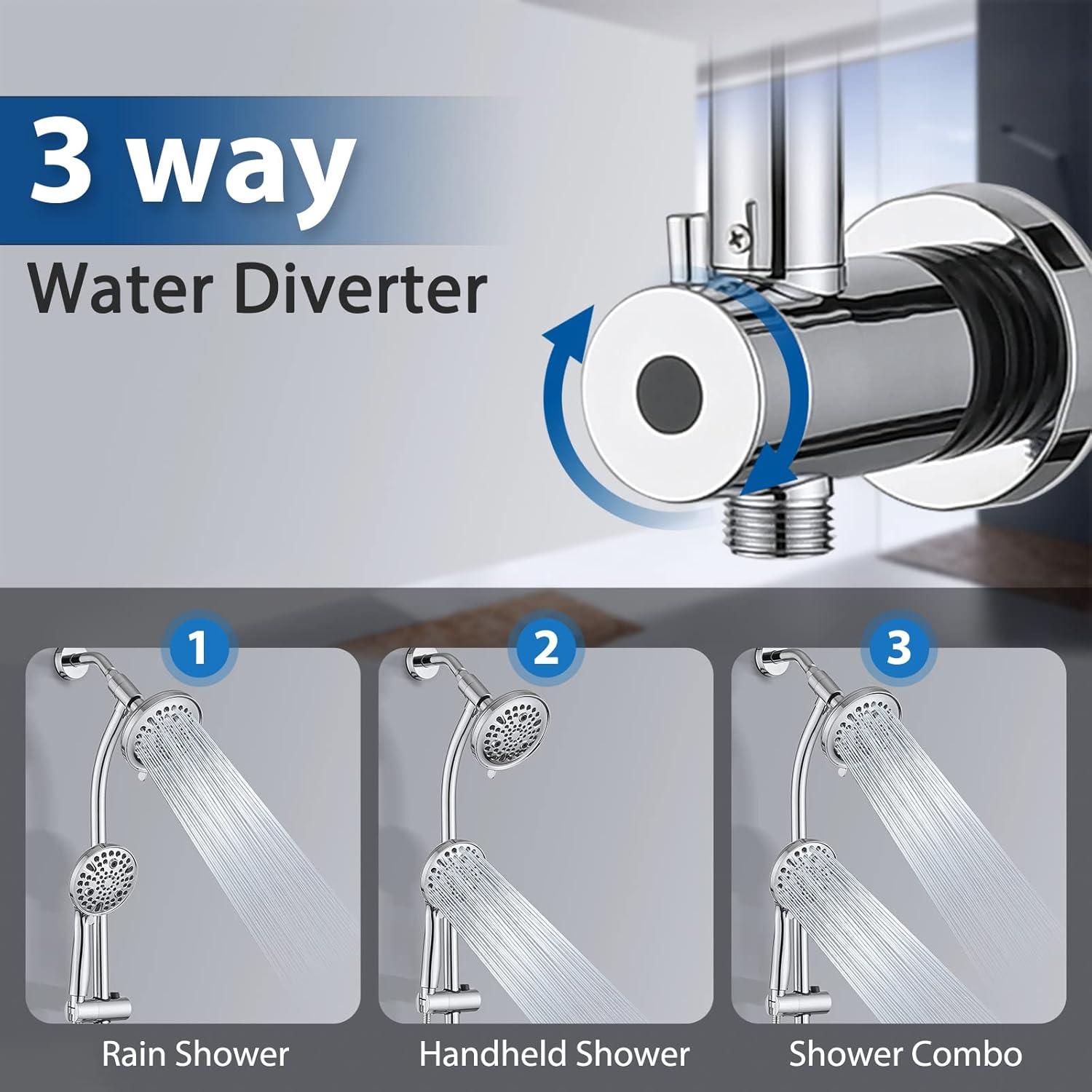 Rainfall Shower Head with Handheld Shower Spray, with 26" Drill Free Adjustable Height Slider Bar, High Pressure Dual Shower Head Combo, 3-Way Diverter for Easy Reach, 5Ft Hose - Chrome Finish