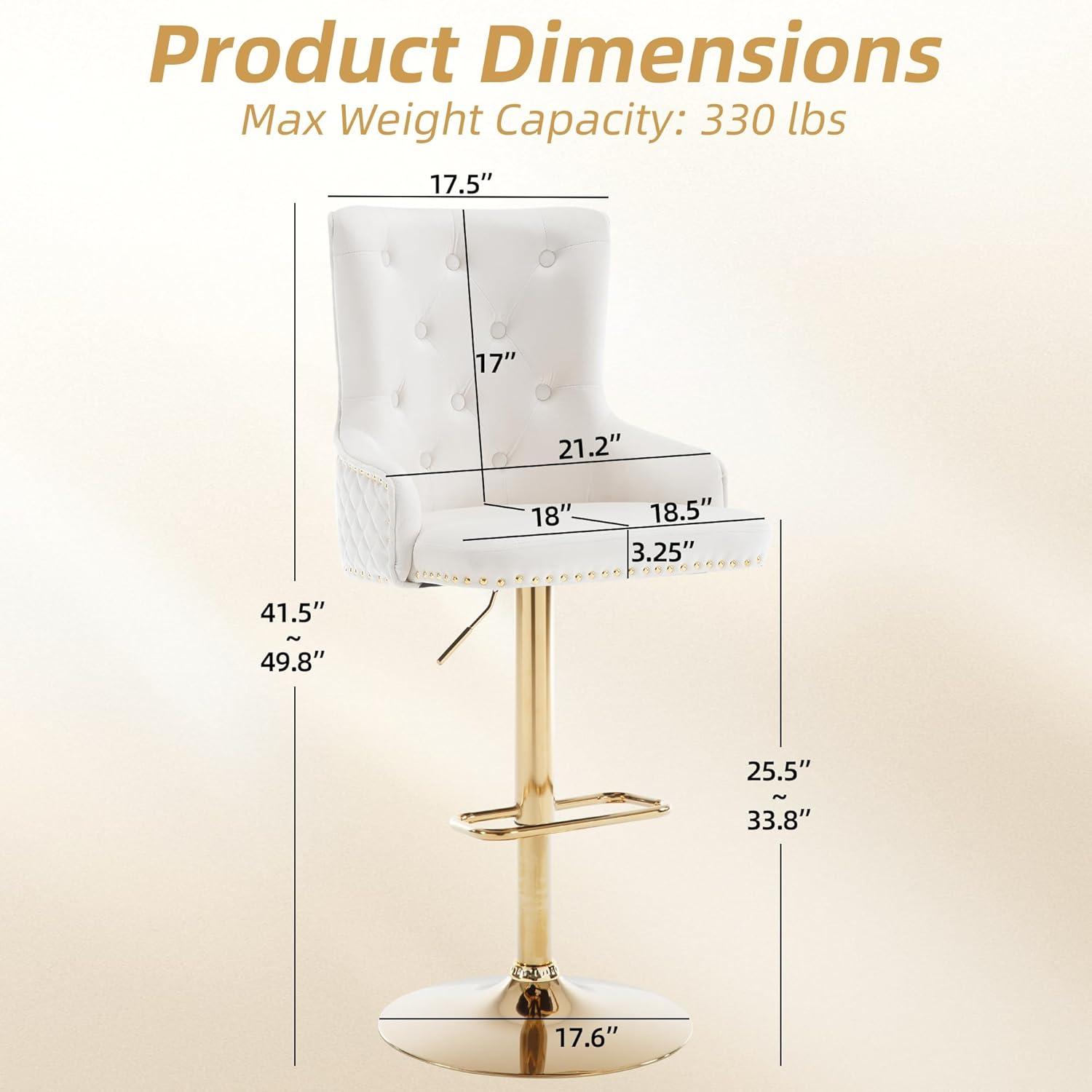 Bar Stools Set of 2, Swivel Barstools with Nailheads Trim, Velvet Button Tufted Back and Golden Footrest, Adjustable Counter Height Bar Stools for Kitchen Counter,Home Bar,Pub, Beige