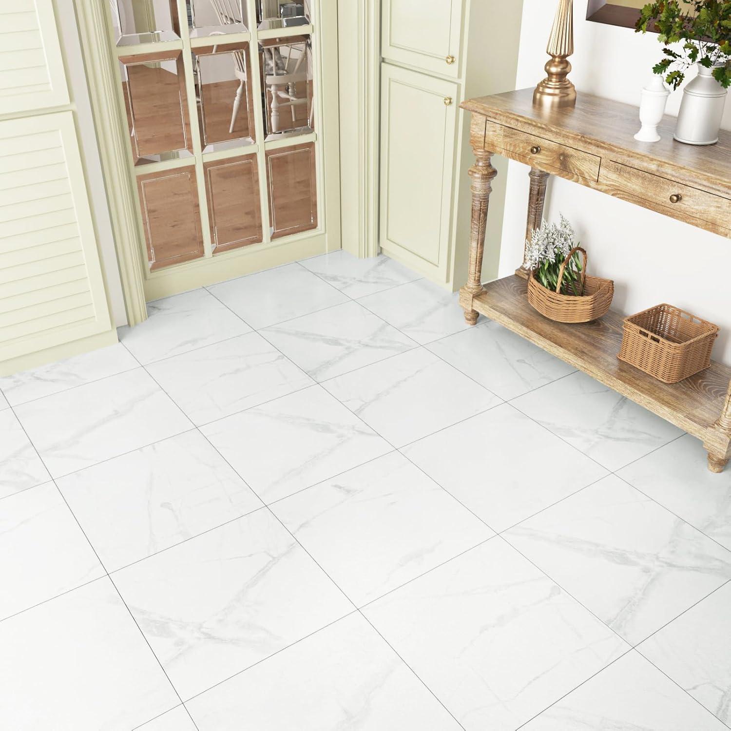 WESTICK Marble White Peel and Stick Floor Tile Waterproof Vinyl Tiles Peel and Stick Floor 12" x 12" Removable Self Adhesive Flooring Tiles for Bathroom Bedroom Kitchen Flooring Living Room Gym 5 PCS