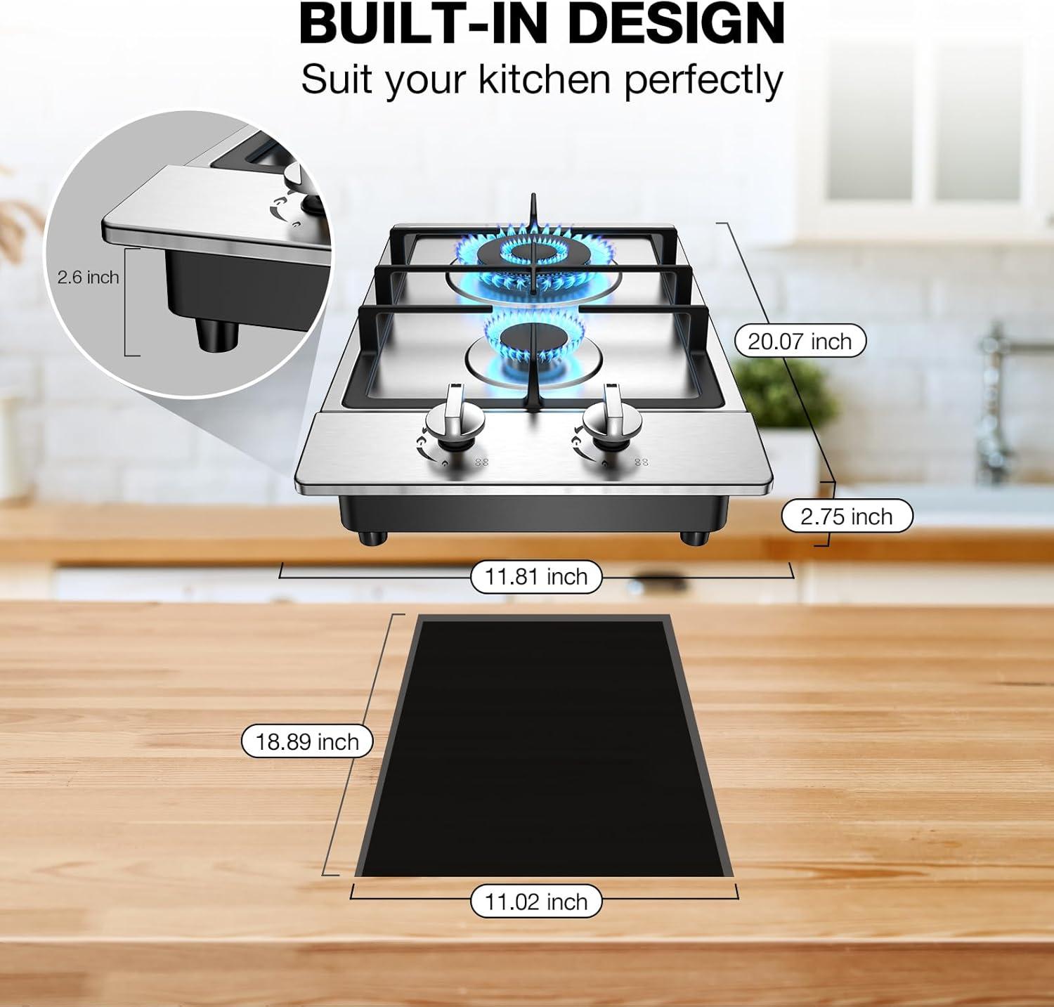 Stainless Steel 2 Burner Propane Gas Cooktop with Ceramic Surface