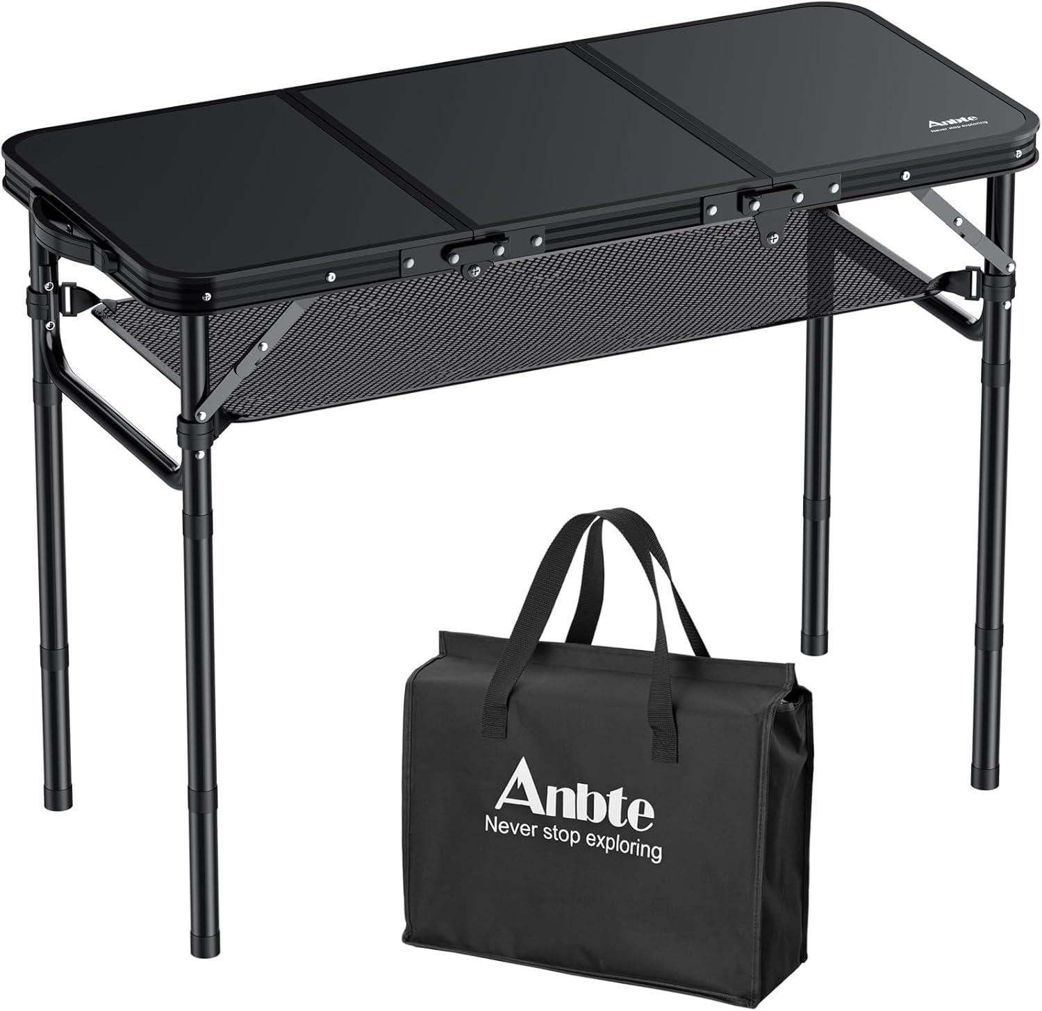 Black Aluminum Folding Camping Table with Adjustable Heights and Storage Net