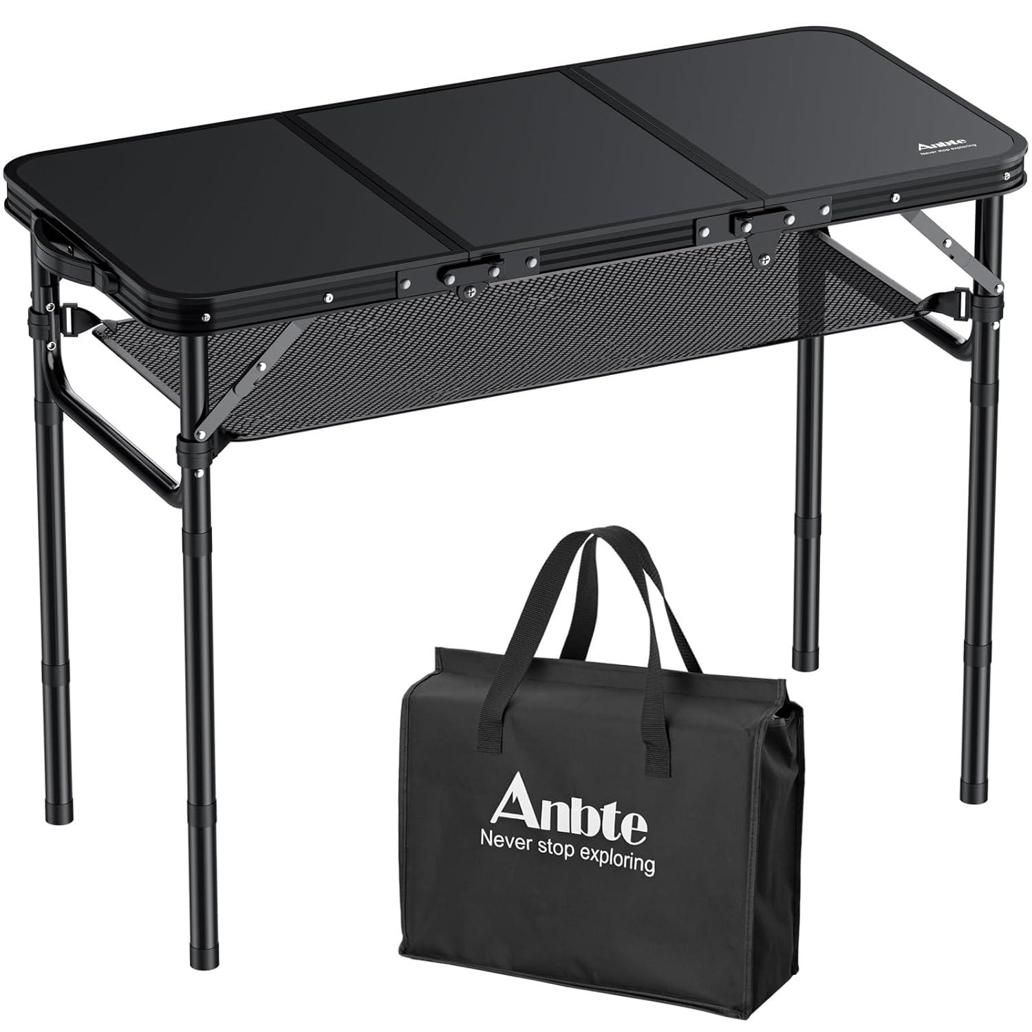 Black Aluminum Folding Camping Table with Adjustable Heights and Storage Net