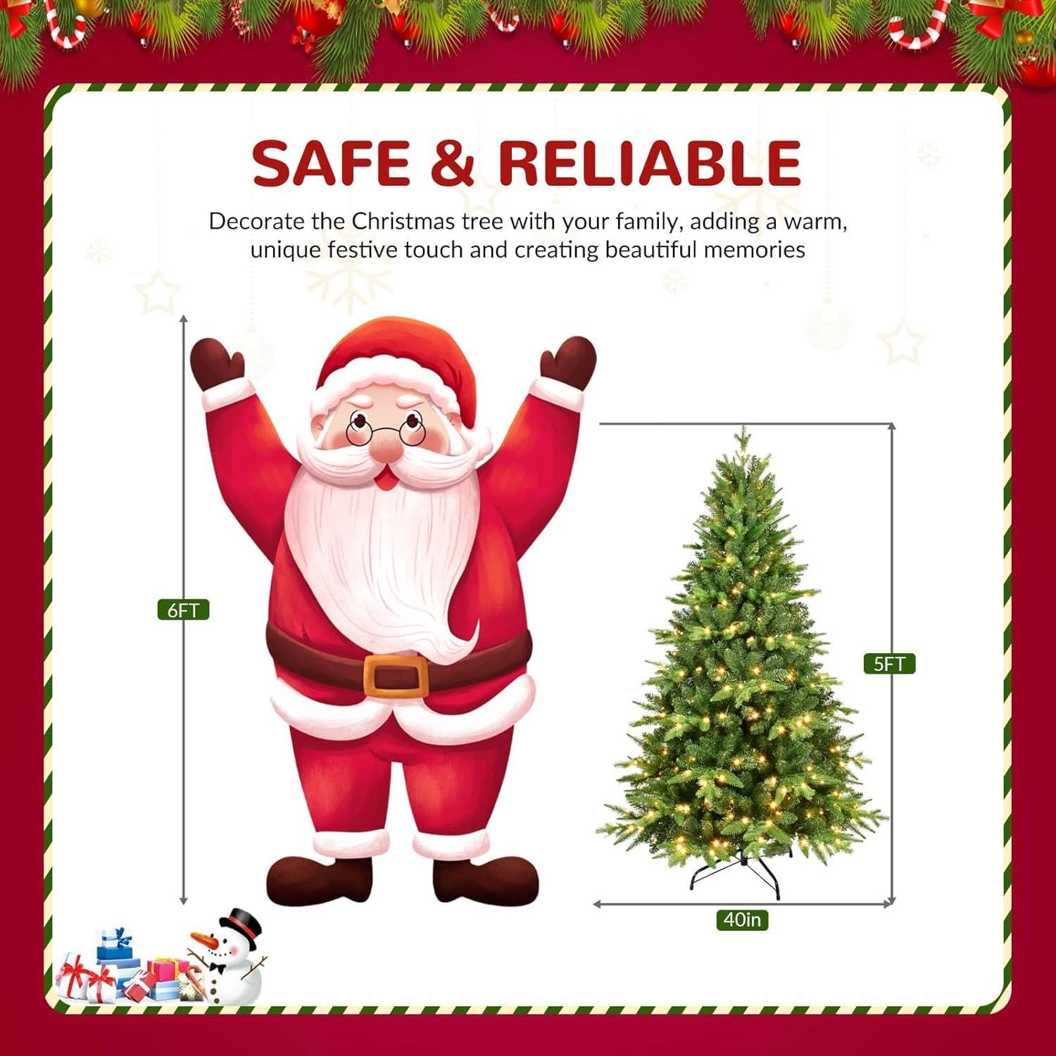 PAPROOS Prelit Christmas Trees, 5FT Artificial Christmas Tree with 250 Warm White LED Lights and 850 Branch Tips, Indoor Prelit Xmas Tree for Holiday Decor, Green