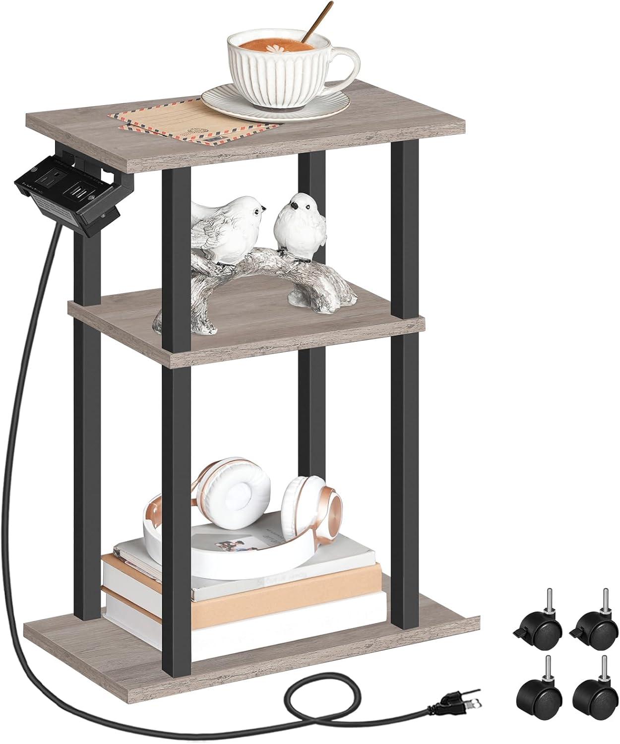 HOOBRO Small Narrow Side Table with Charging Station, Skinny End Table for Small Spaces, Slim Nightstand with USB Ports and Outlet, Sofa Beside Table on Wheels for Living Room BF122UBZ01