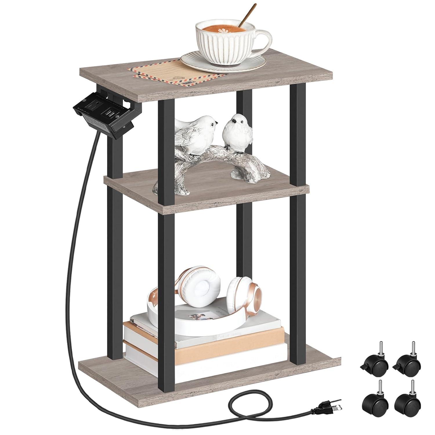 HOOBRO Small Narrow Side Table with Charging Station, Skinny End Table for Small Spaces, Slim Nightstand with USB Ports and Outlet, Sofa Beside Table on Wheels for Living Room BF122UBZ01