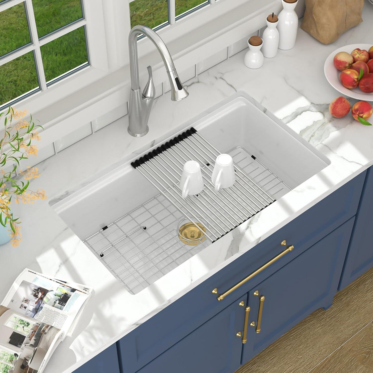 Lordear 33 Inch White Kitchen Sink Undermount Composite Granite Quartz Single Bowl Workstation 33x19x10 Inch Under Counter Kitchen Sinks