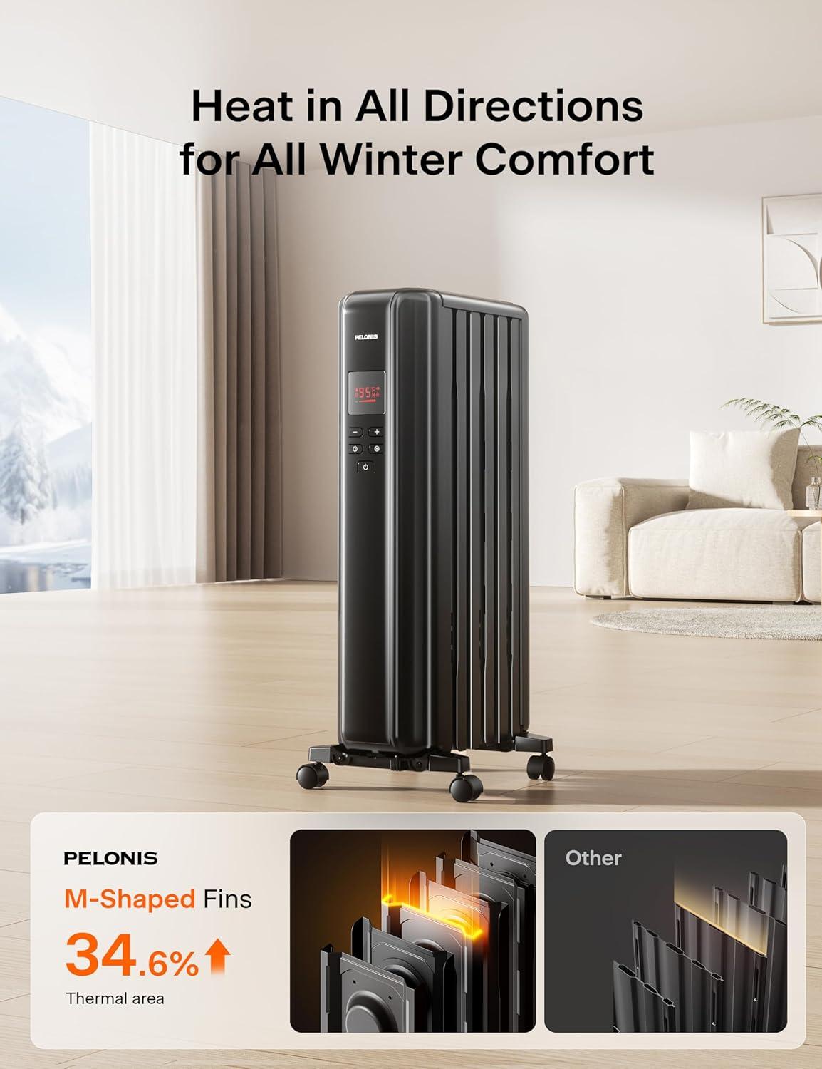 PELONIS PSHO06MR6ASB 1500W Oil Filled Radiator Heater, Remote, ECO, Quiet, Safe for Large Rooms