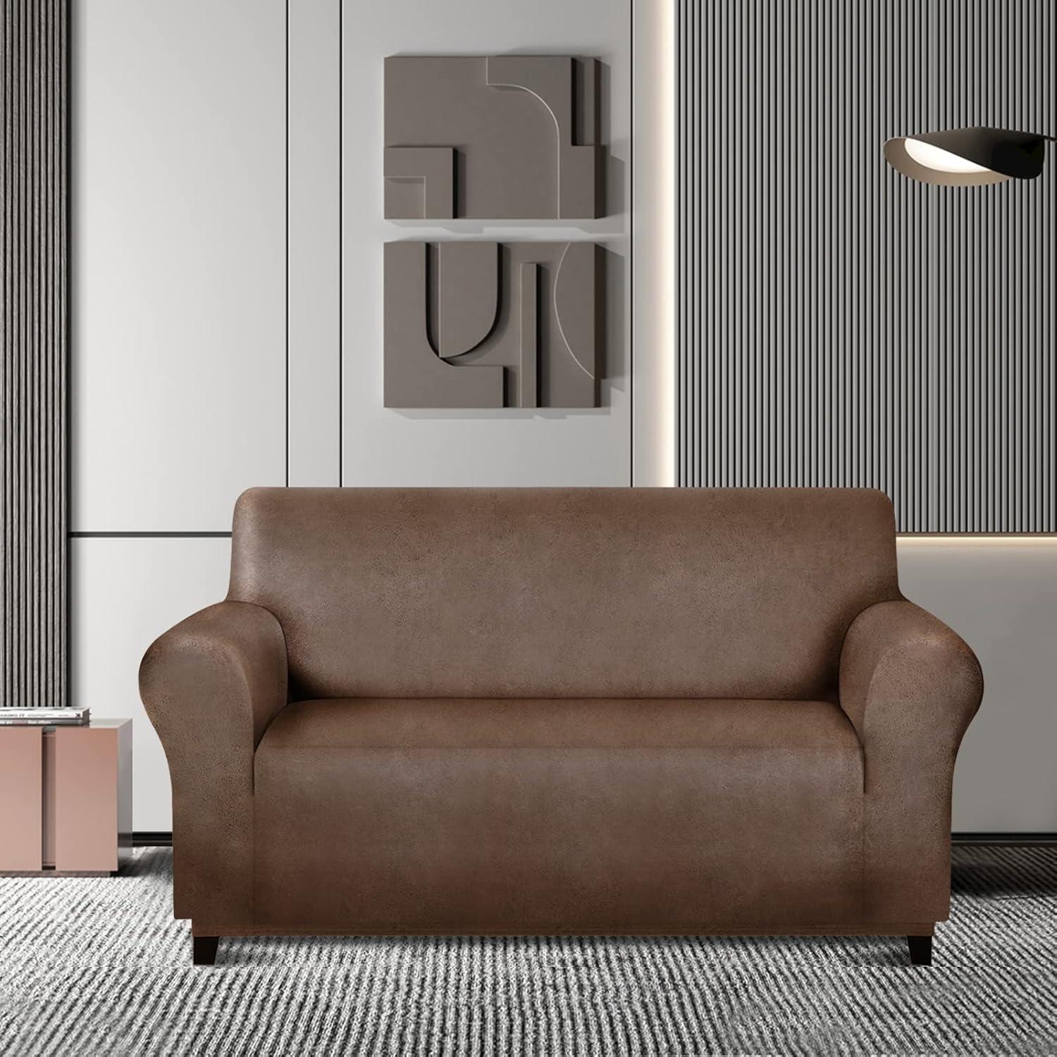 molasofa Loveseat Covers - Couch Cover for Leather Couches, Soft and Washable Loveseat Covers with Leather-Like Quality. Non-Pilling, Non-Slip 1-Piece Couch Cover for Pets and Kids (Dark Brown)
