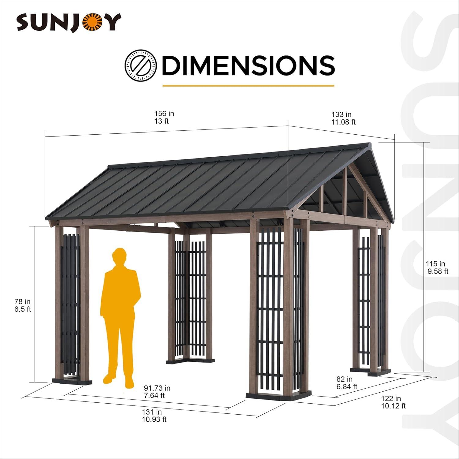 Sunjoy 11x13 ft. Hardtop Gazebo Outdoor Galvanized Steel Gazebo w/ Metal Gable Roof and Movable Ceiling Hook, Suitable for Patio & Backyard, Black