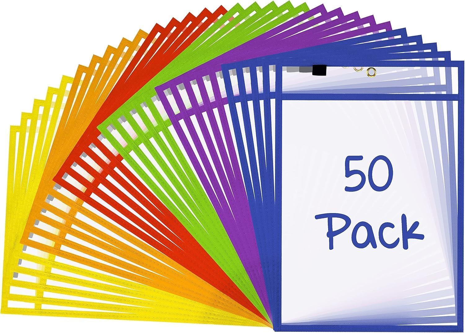 SCRIBBLEDO Dry Erase Pockets Reusable Dry Erase Sleeves with Marker Holder Colorful Dry Erase Pocket Sleeves for School Classroom or Work Ticket Holders Assorted Colors 50 Pack