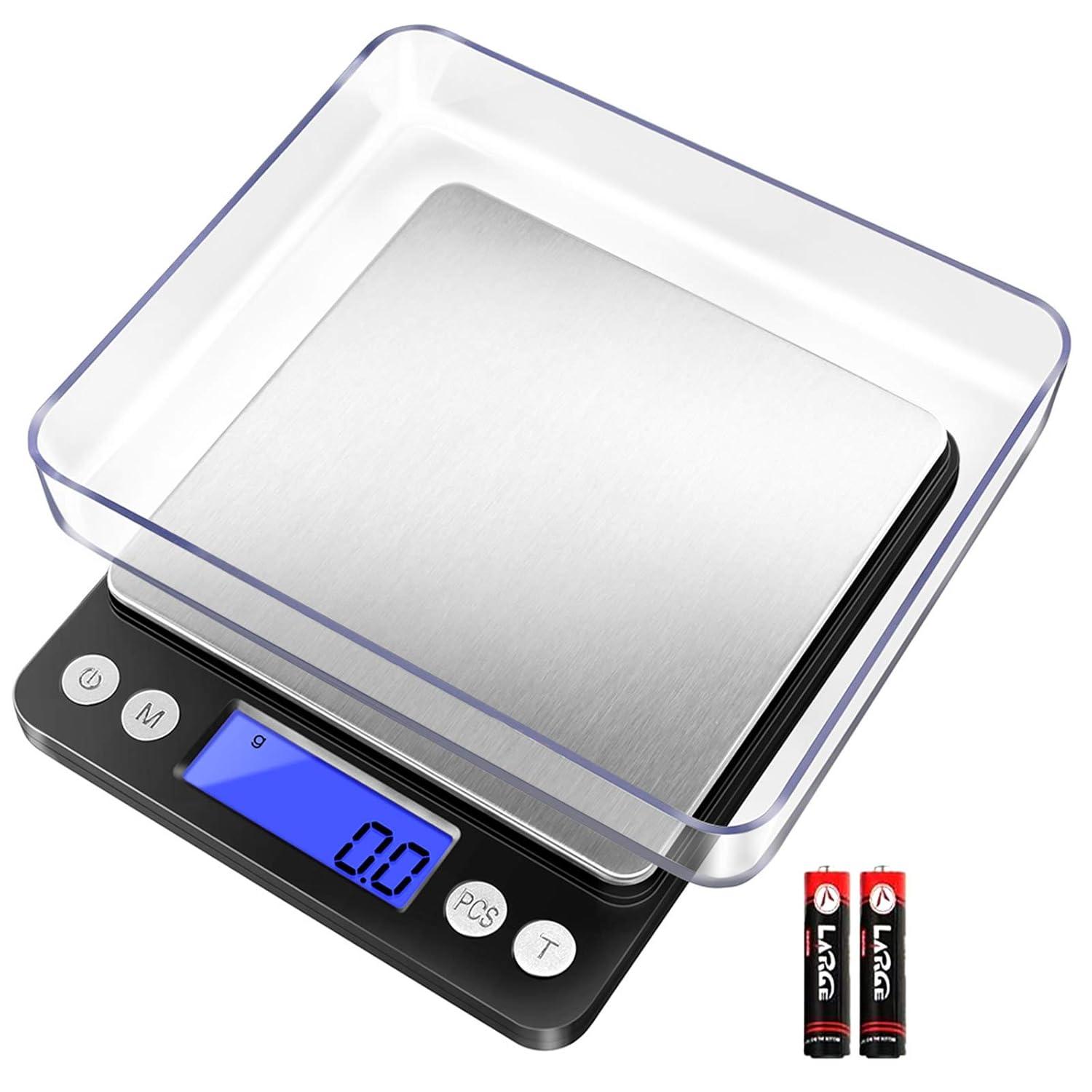 Digital Kitchen Scale 3000g / 0.1g ; Mini Pocket Jewelry Scale, Food Scale for Kitchen, 2 Trays, 6 Units, Auto Off, Tare, PCS Function, Stainless Steel, Batteries Included