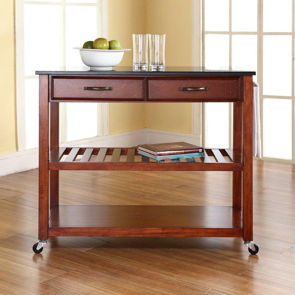 Crosley Solid Black Granite Top Kitchen Cart/Island with Optional Stool Storage Classic Cherry: Modern Rolling Furniture with Storage, 2 Shelves