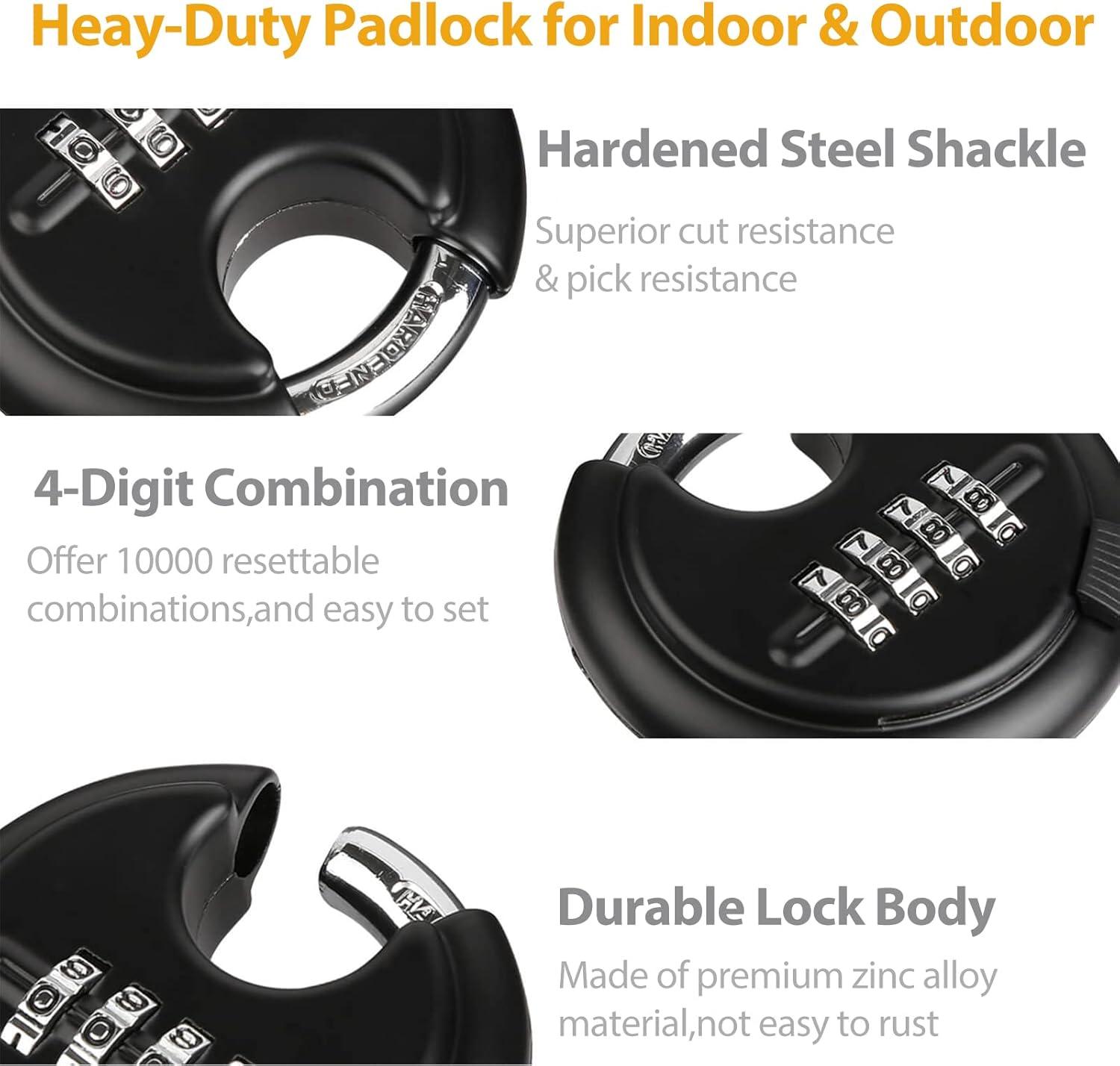 DAYGOS Combination Disc Padlocks for Outdoor - Heavy Duty 4 Digit Code Lock, Combo Discus Lock for Storage Unit,Gate,Fence,Traile(3/8-in Shackle,1PCS,Black)