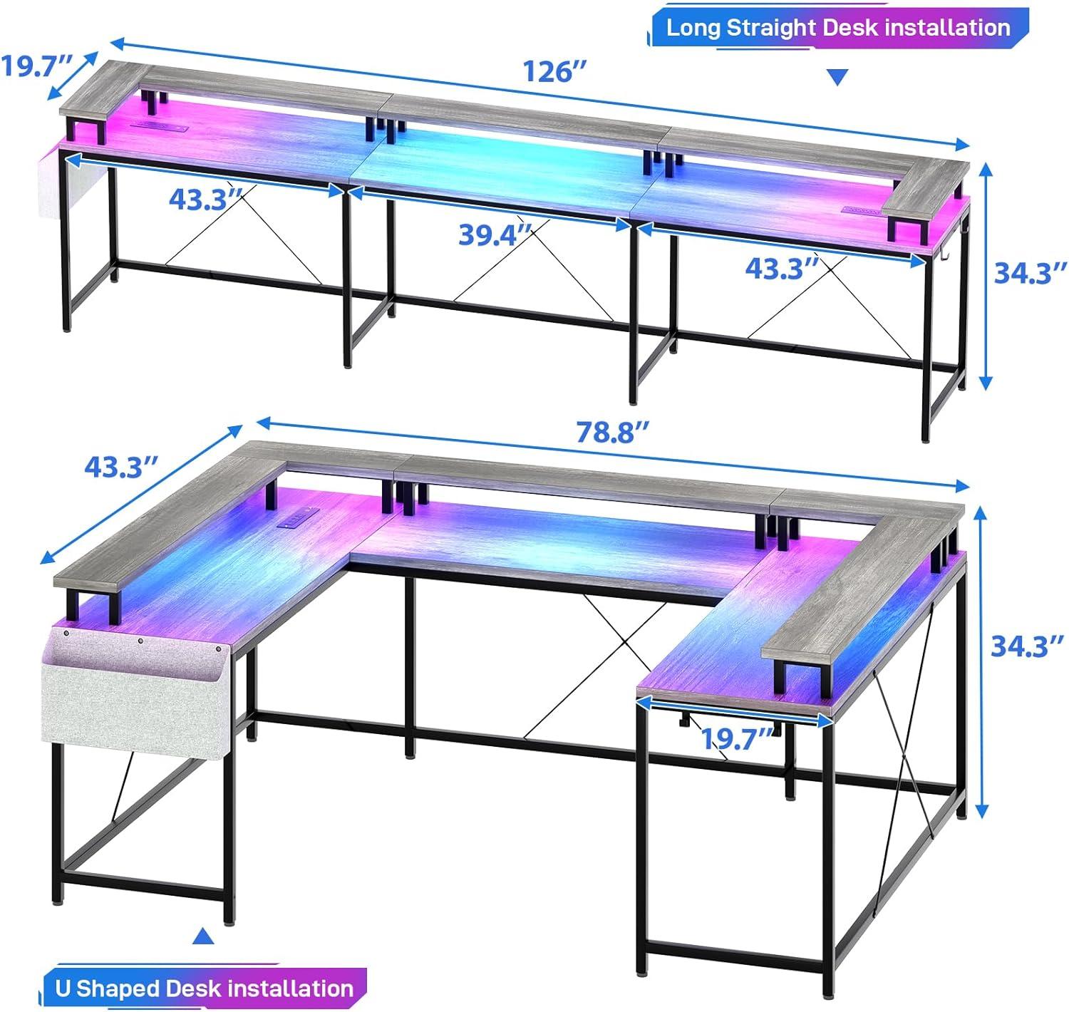 Litake U Shaped Computer Gaming Desk, Reversible L Shaped Desk with Power Outlets, LED Strip & Monitor Stand, Large Corner Desk with Storage Shelves for Home Office, Grey