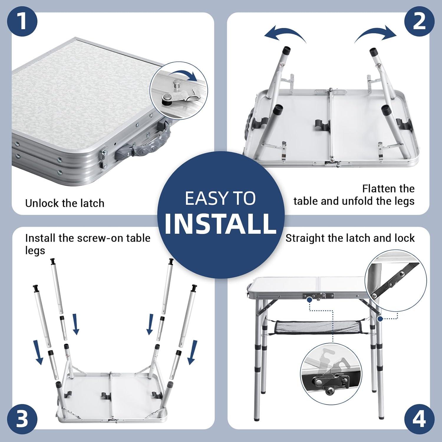 Small Folding Table 2FT Lightweight Portable Aluminum Camping Table for Picnic and Camping Mini Foldable with Adjustable Extended Height,Silver