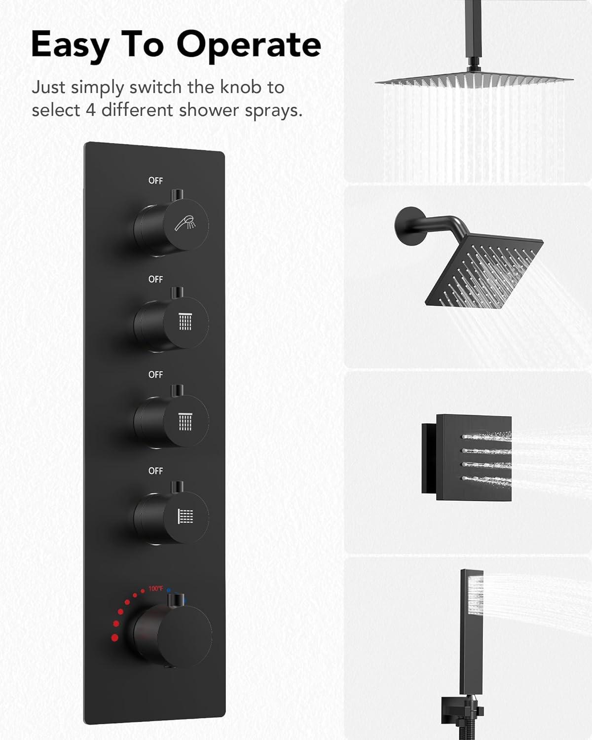 DualJetSpa 15-Spray Patterns 16" & 6" Dual Shower Head, Shower FaucetSystem with Thermostatic Rough-in Valve and Body Jets