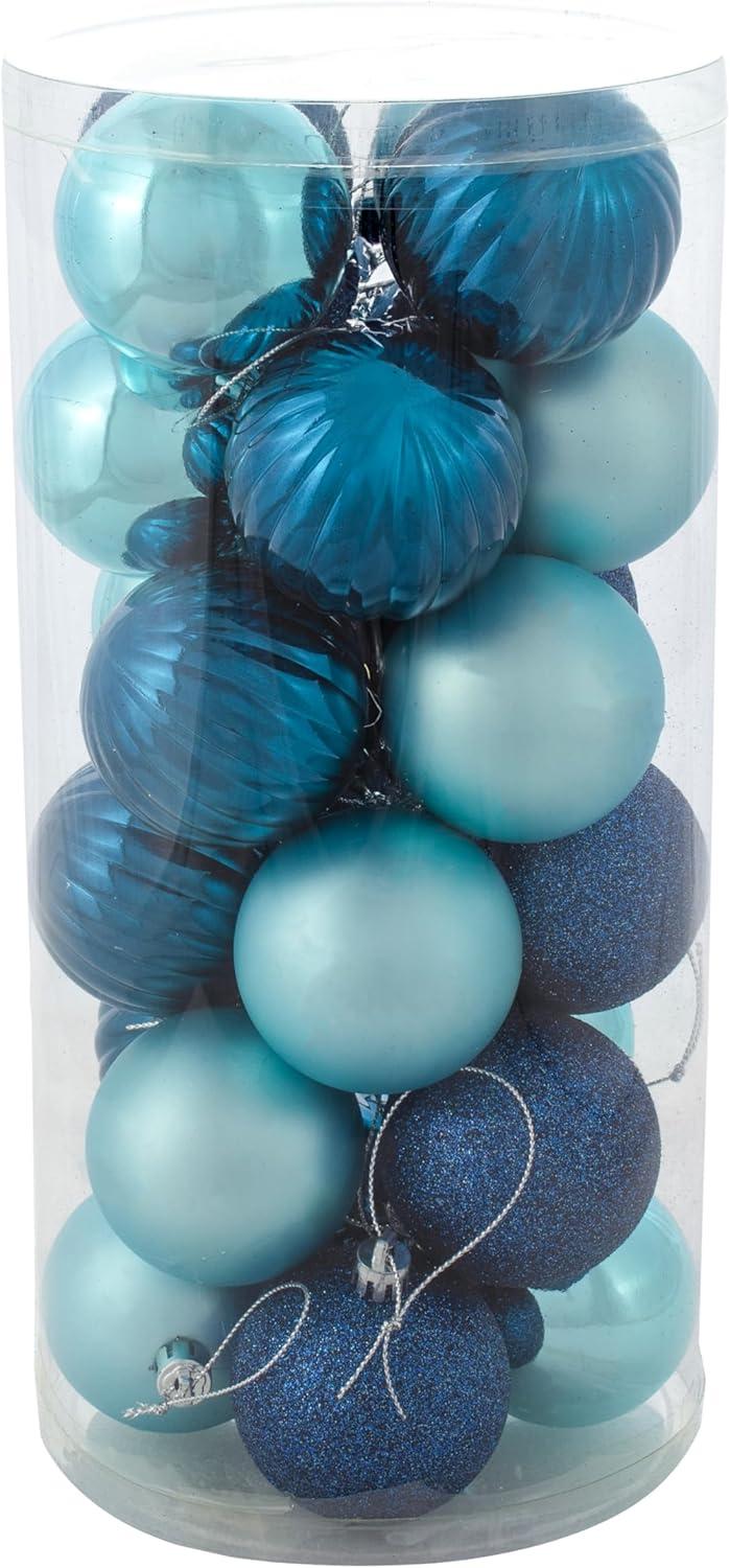 Sunnydaze Indoor Christmas Holiday Tree Shatterproof Merry Medley Ball Ornaments with Hooks - 2" - Turquoise and Blue - 24pc
