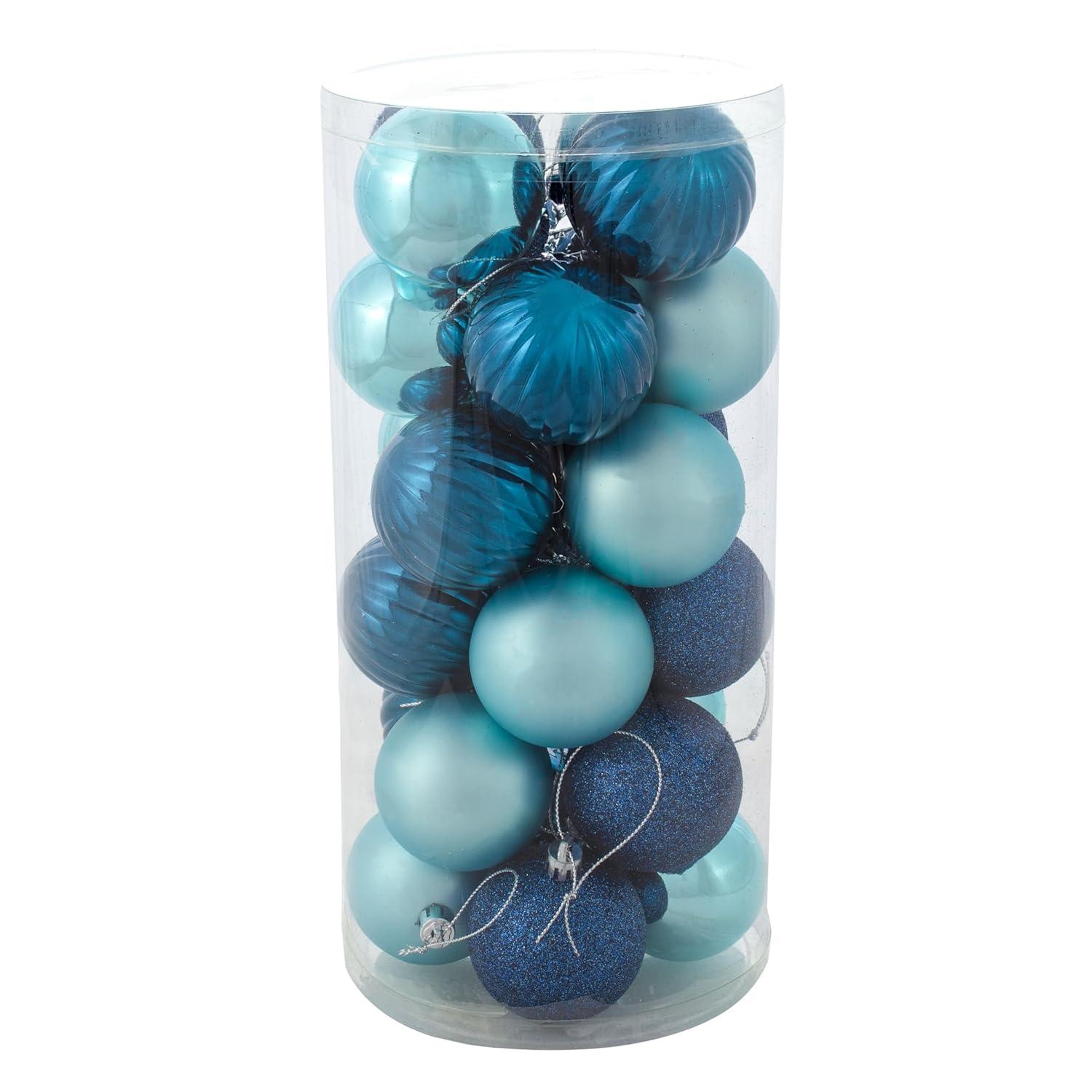 Sunnydaze Indoor Christmas Holiday Tree Shatterproof Merry Medley Ball Ornaments with Hooks - 2" - Turquoise and Blue - 24pc