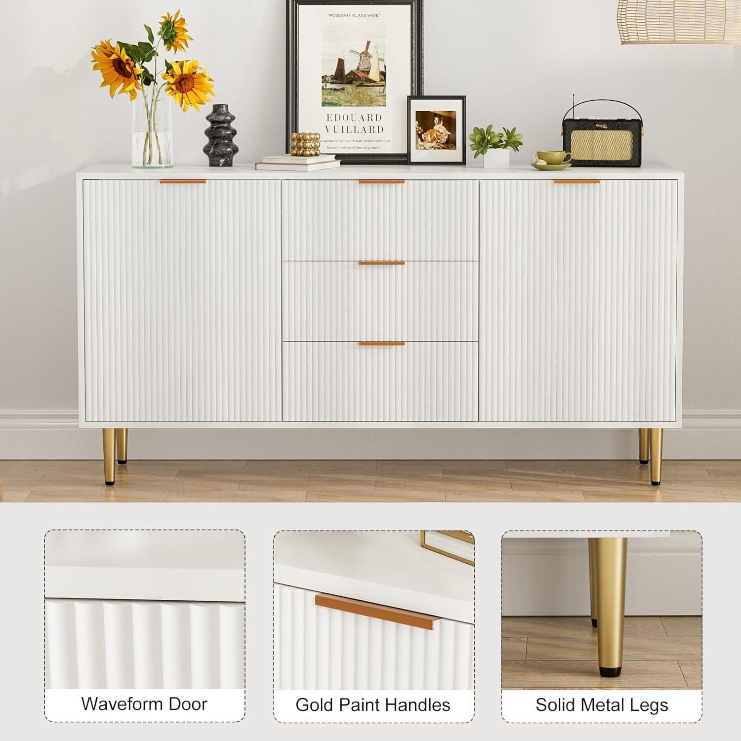 Fluted Accent Cabinet, Kitchen Sideboard Buffet Cabinet with 4 Fluted Doors, Modern Storage Cabinet with Adjustable Shelves for Living Room, Dining Room, Hallway (White)