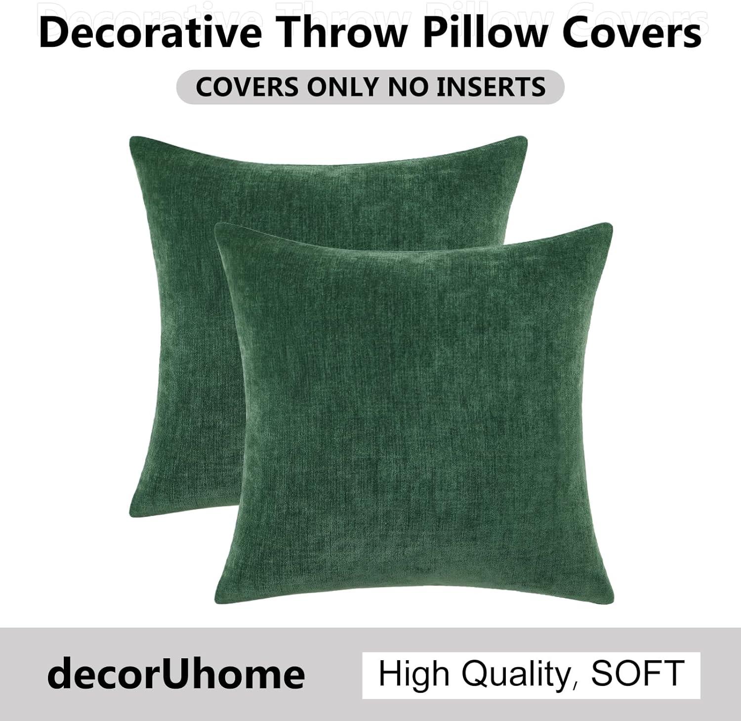 Green Chenille 18x18 Inch Decorative Pillow Covers, Pack of 2