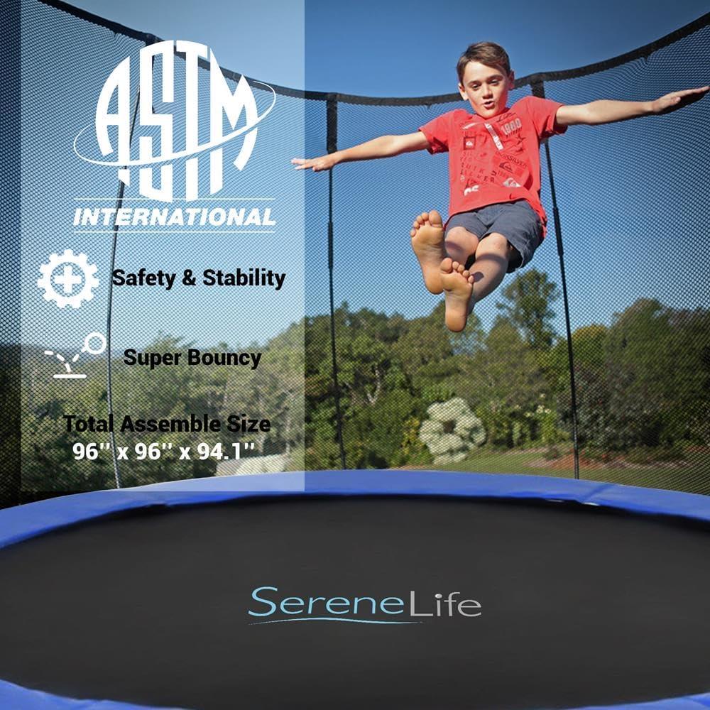 SereneLife 8ft Outdoor Jumping Trampoline with Safety Net Enclosure SLTRA8BL - Large Jumping Surface