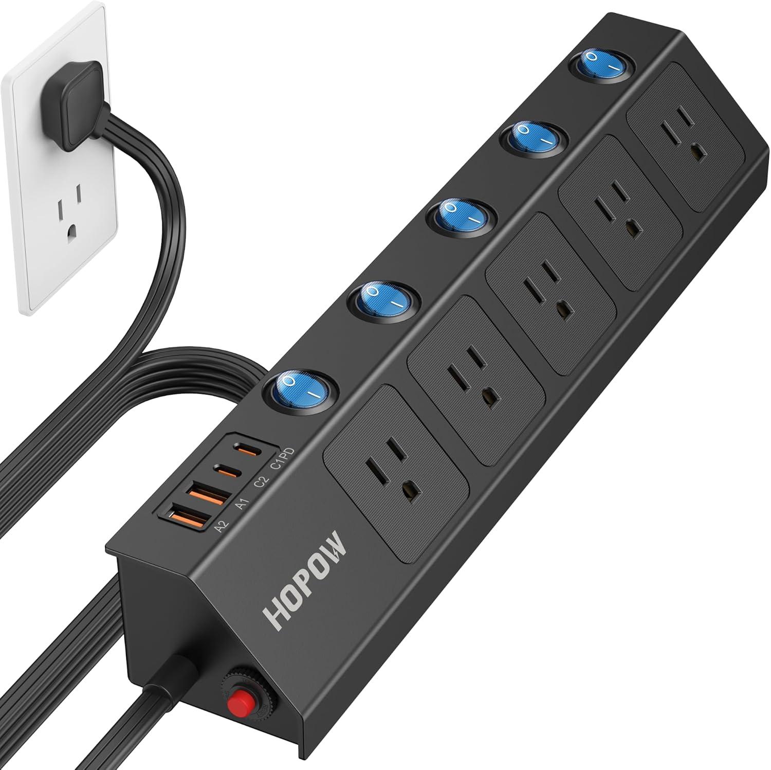 Black 10 Ft Flat Plug Power Strip with USB-C and USB-A Ports