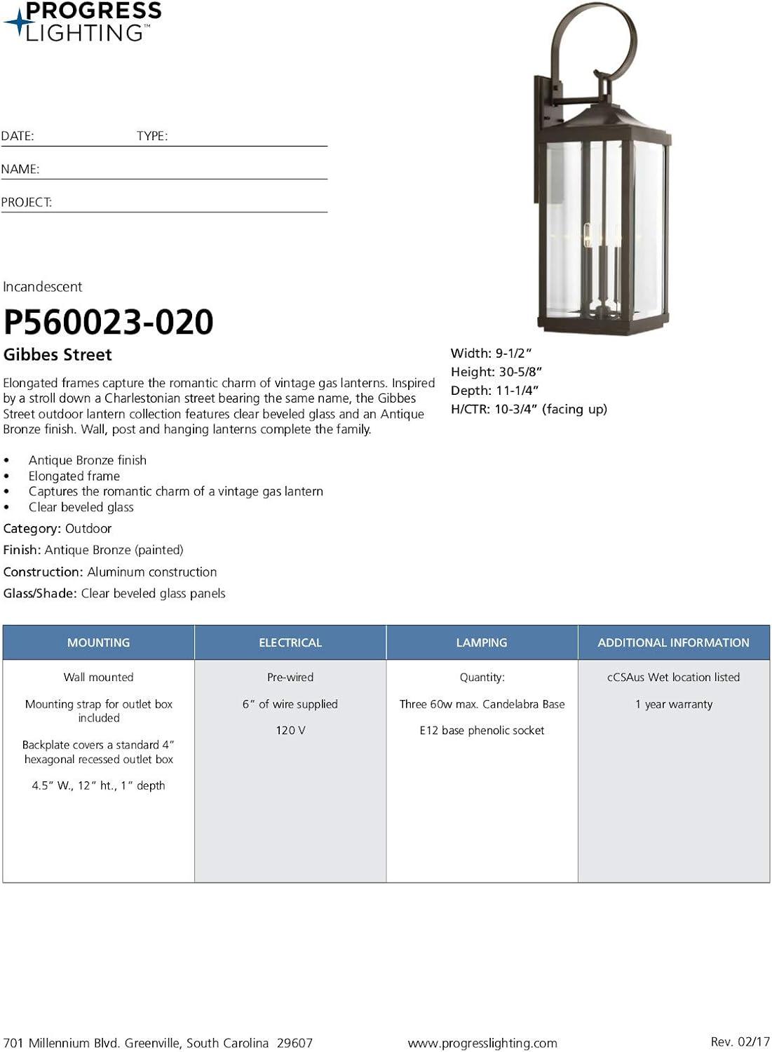 Progress Lighting Gibbes Street 3-Light Wall Lantern in Antique Bronze with Clear Beveled Glass Shade