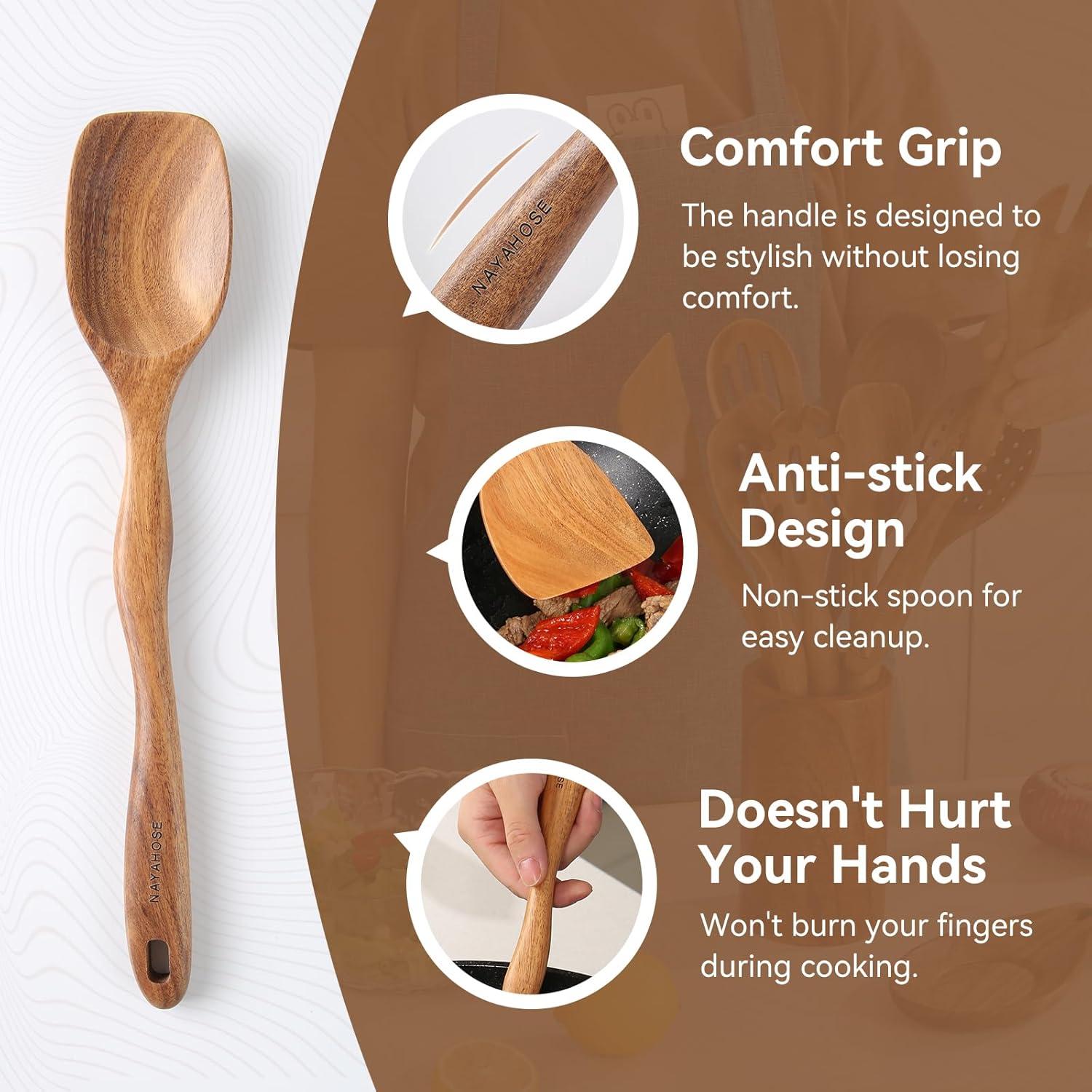 Wooden Spoons for Cooking, 10 Pcs Teak Wood Cooking Utensil Set ‚ Wooden Kitchen Utensils for Nonstick Pans & Cookware ‚ Sturdy, Lightweight & Heat Resistant