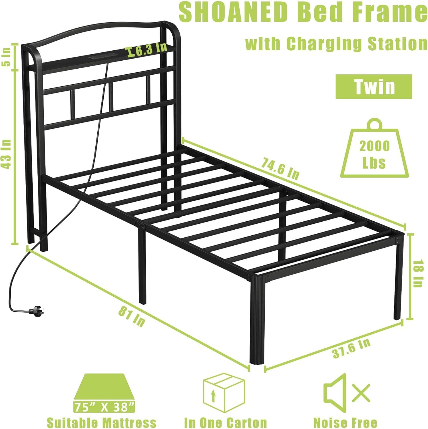 Twin Black Metal Bed Frame with Charging Station and Storage