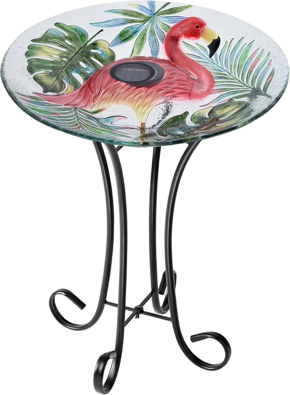 Hi-Line Gift Ltd. Solar LED Verdant Glass Bird Bath with Stand - Flamingo