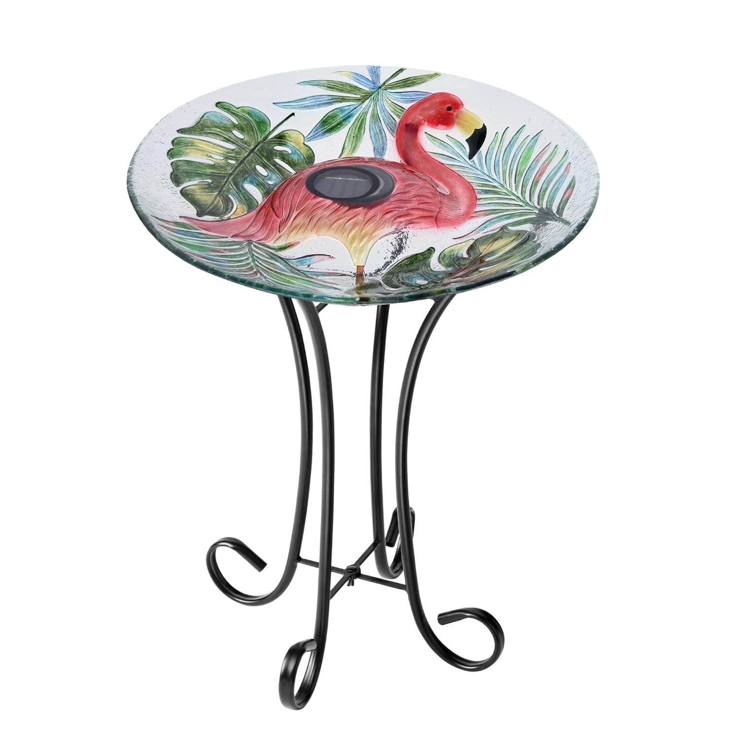 Hi-Line Gift Ltd. Solar LED Verdant Glass Bird Bath with Stand - Flamingo