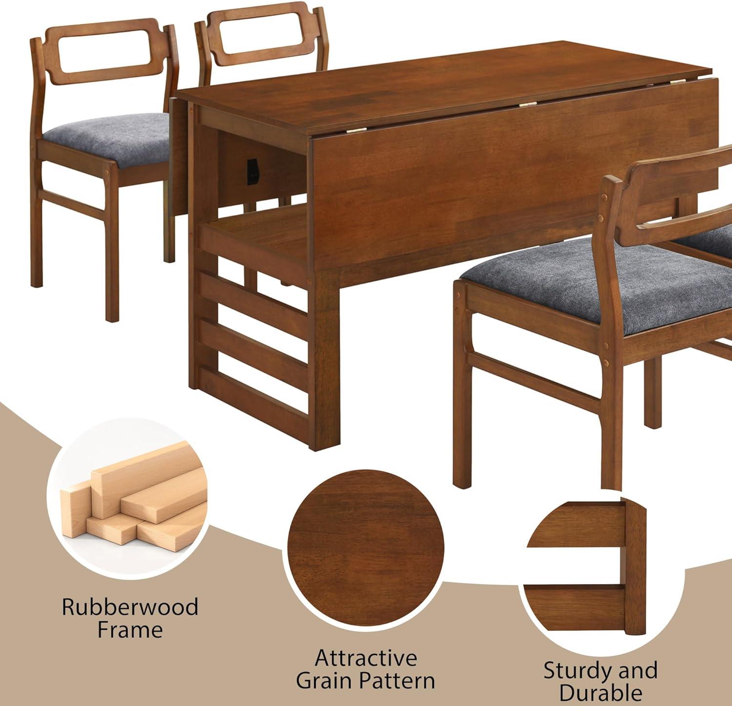 MAYEERTY Modern 5-Piece Extendable Square Dining Table Set with Storage Shelf, Brown