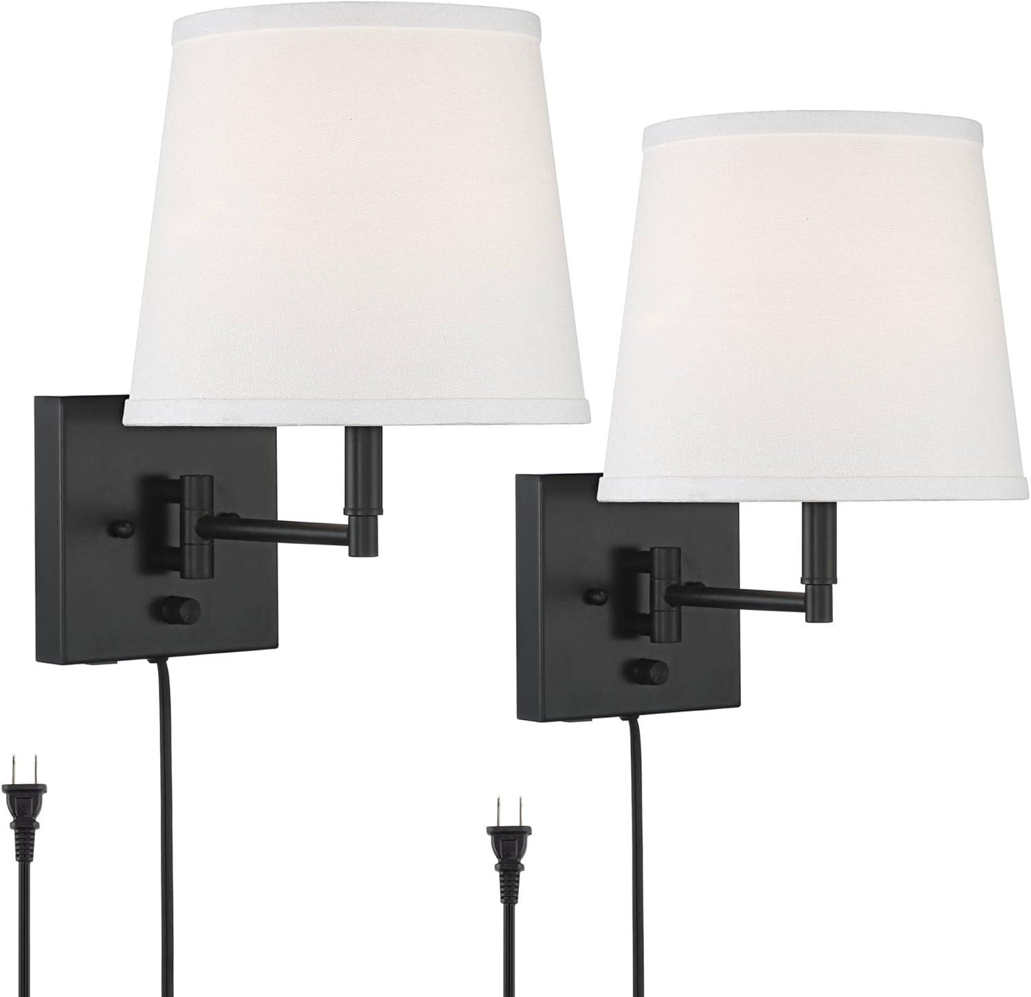 360 Lighting Lanett Modern Swing Arm Wall Lamps Set of 2 Black Plug-in Light Fixture with USB Charging Port White Lamp Shade for Bedroom Living Room