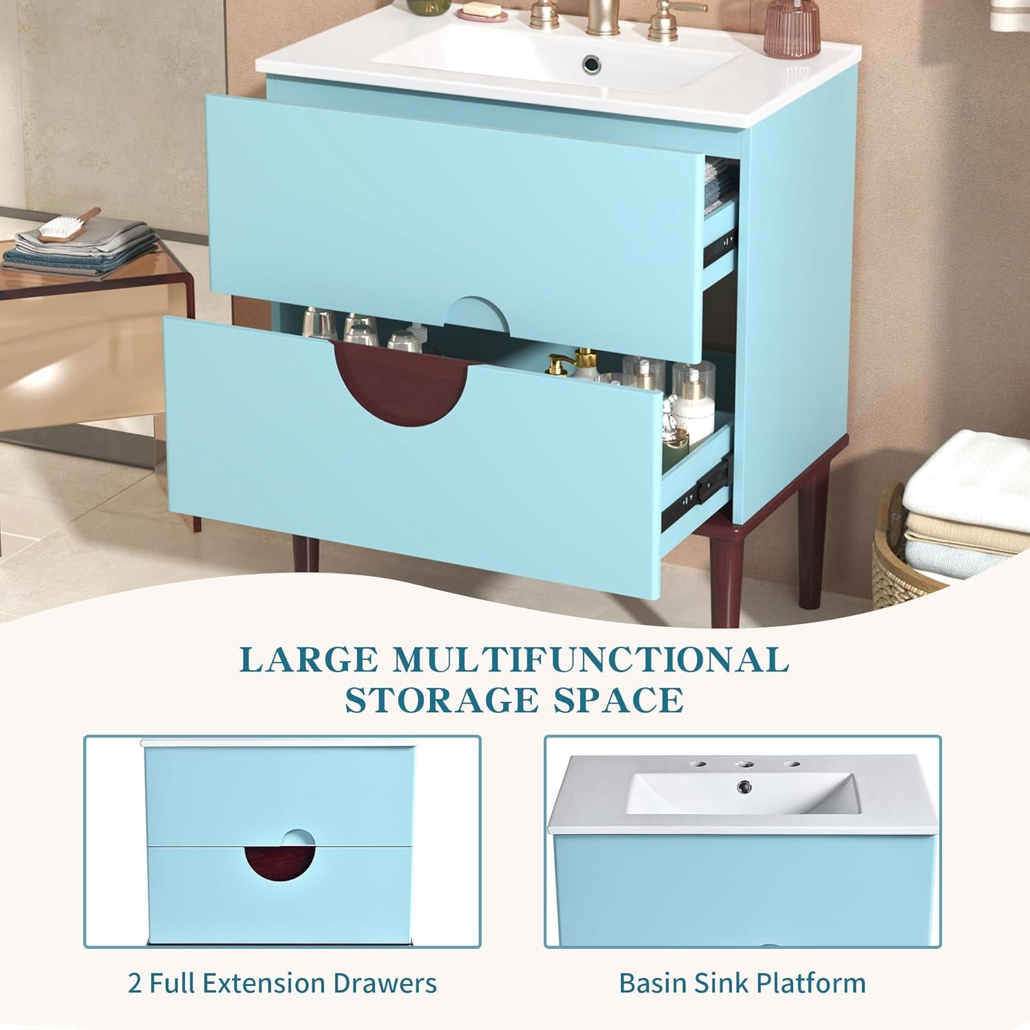 30 Inch Bathroom Vanity with Ceramic Sink, Modern Bathroom Storage Cabinet with Swirled Design, Vanities with 2 Drawers for Modern Minimalist Powder Room