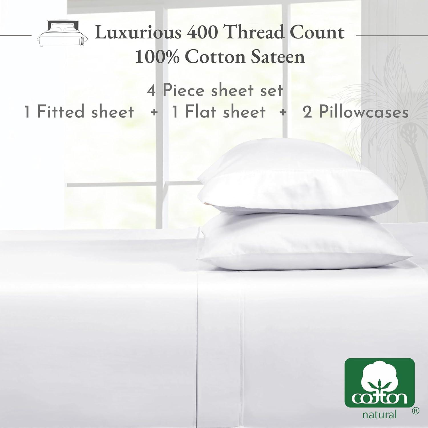 Cotton Sheets Set - Softest 400 Thread Count Bed Sheets, 100% Cotton Sateen, Cooling, Deep Pocket by California Design Den